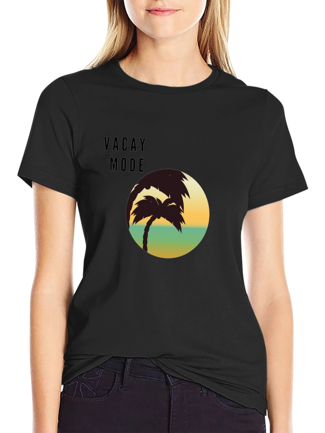 Vacay Mode Palm Tree Graphic T-Shirt - Black