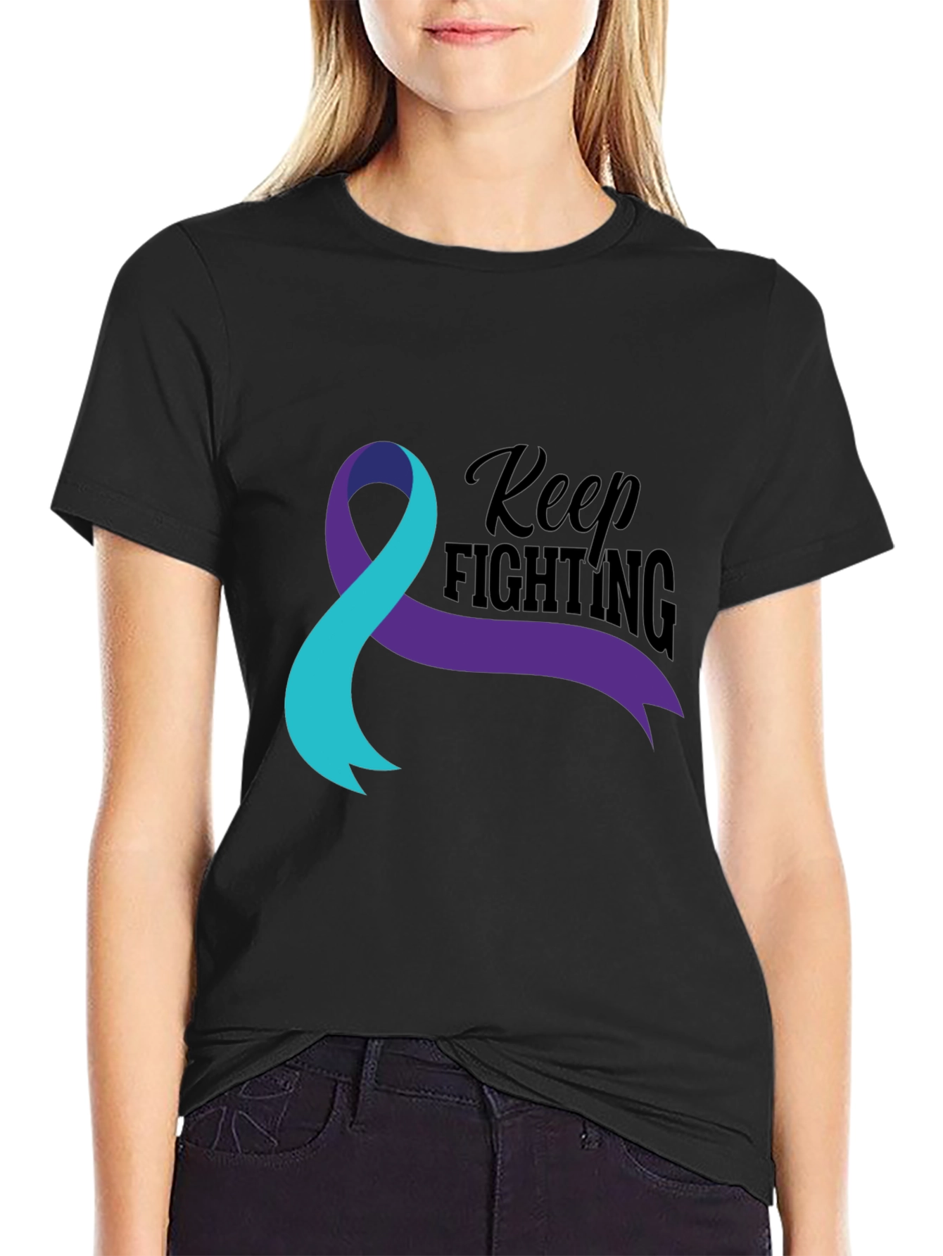 Keep Fighting T-Shirt Teal and Purple Ribbon Awareness