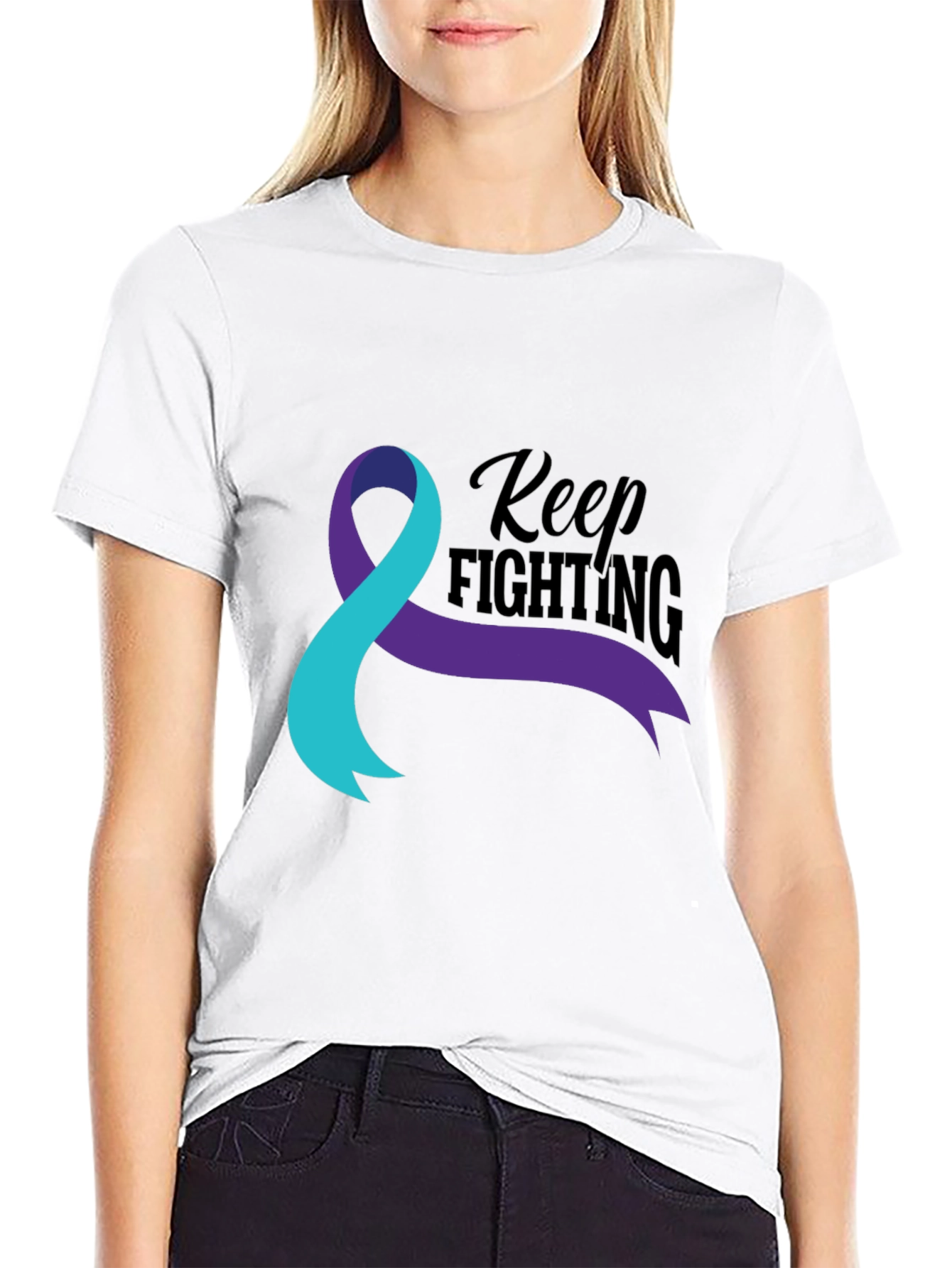 Keep Fighting T-Shirt Teal and Purple Ribbon Awareness
