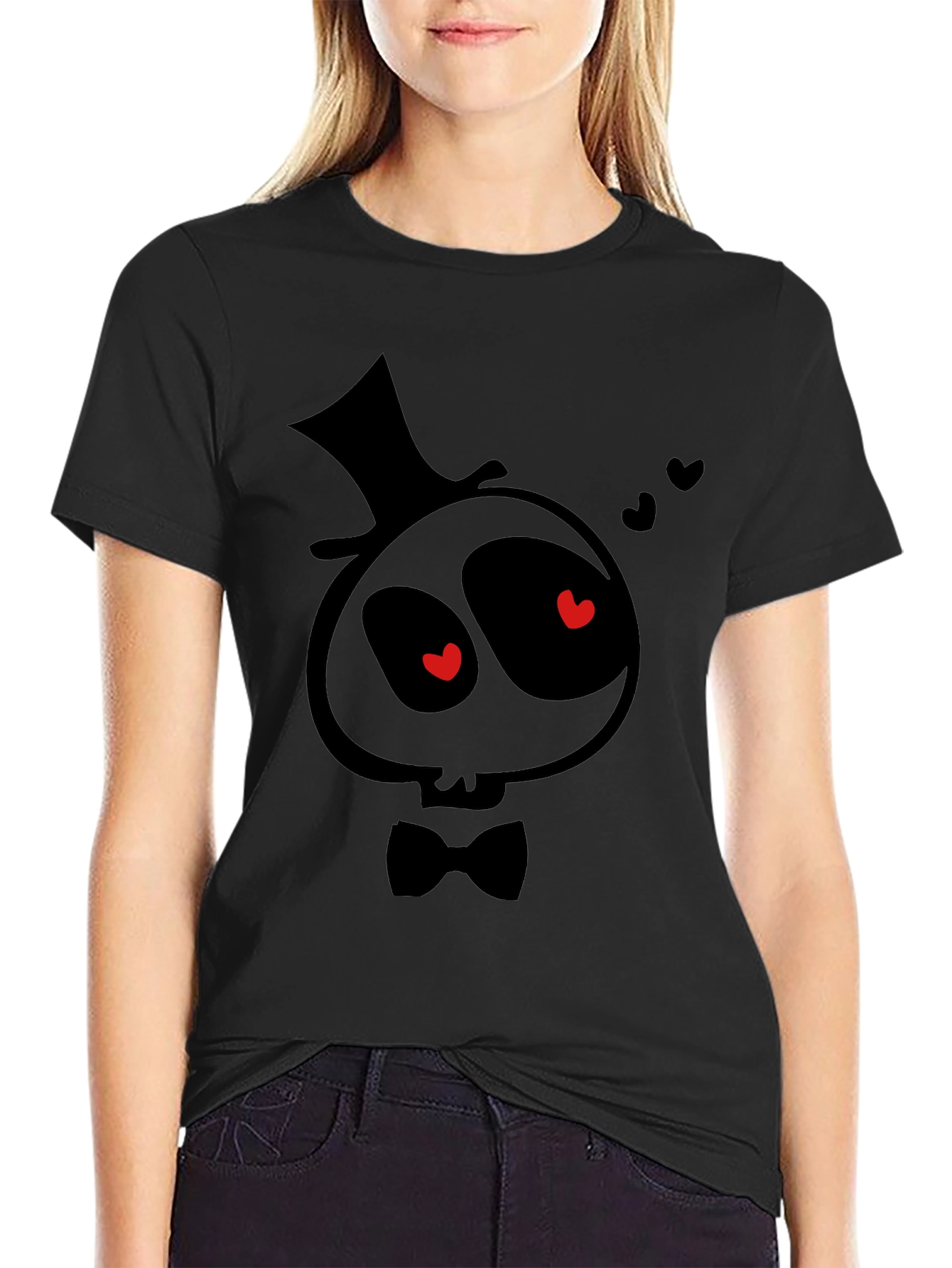 Spooky Valentines T-Shirt - Cartoon Skull with Top Hat