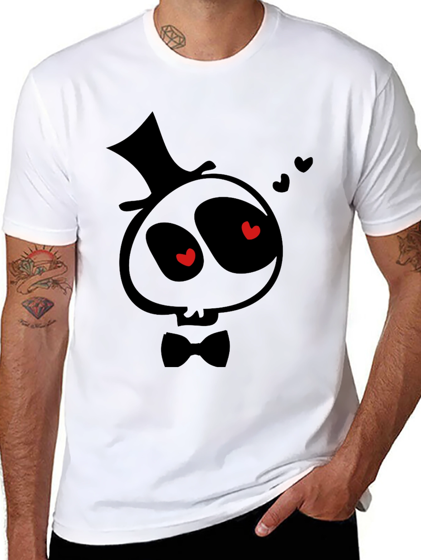 Spooky Valentines T-Shirt - Cartoon Skull with Top Hat
