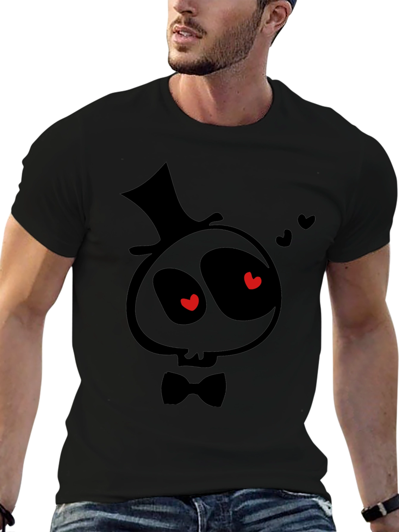 Spooky Valentines T-Shirt - Cartoon Skull with Top Hat