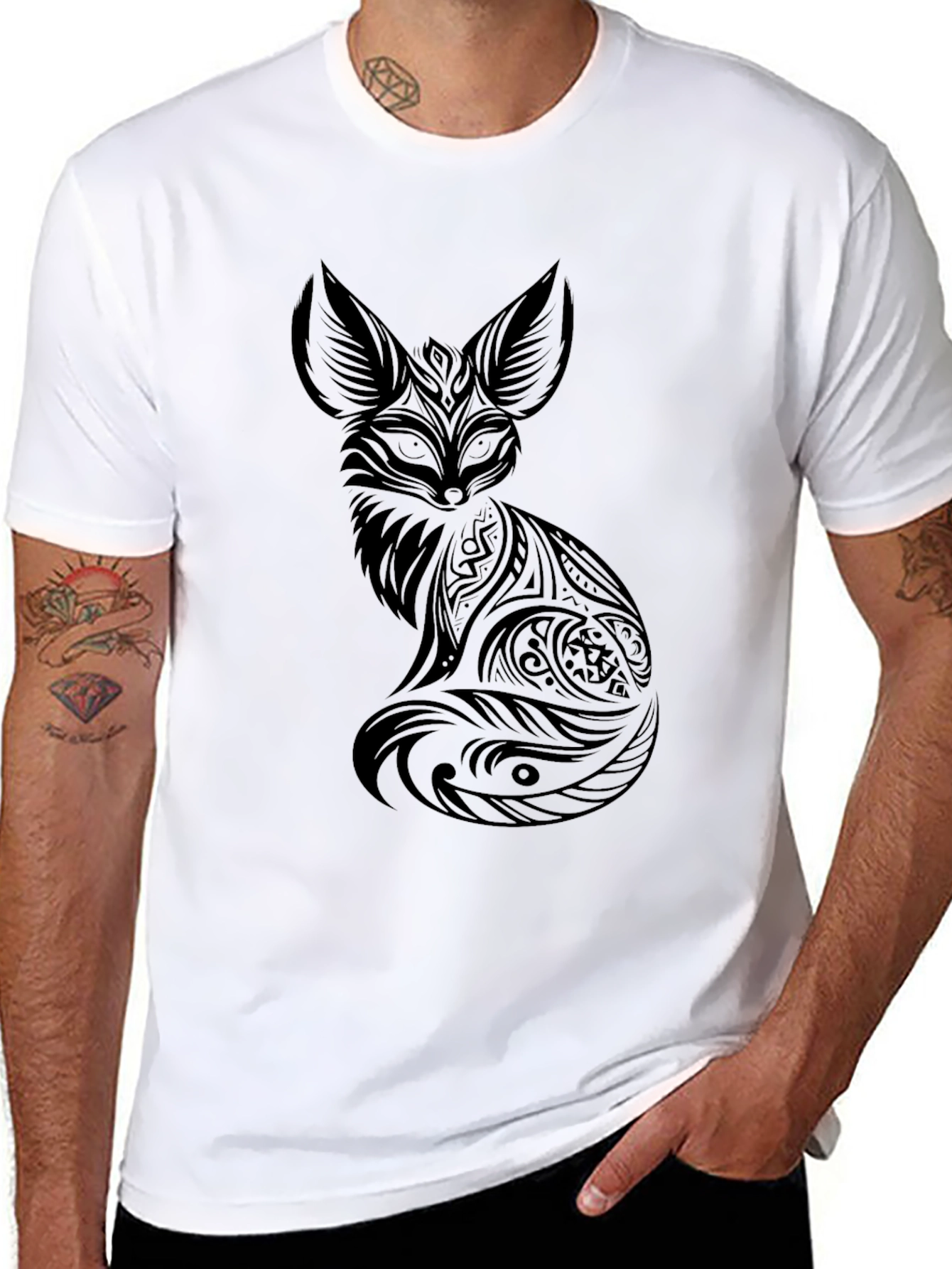 Tribal Fox Graphic Black T-Shirt - Cool Design