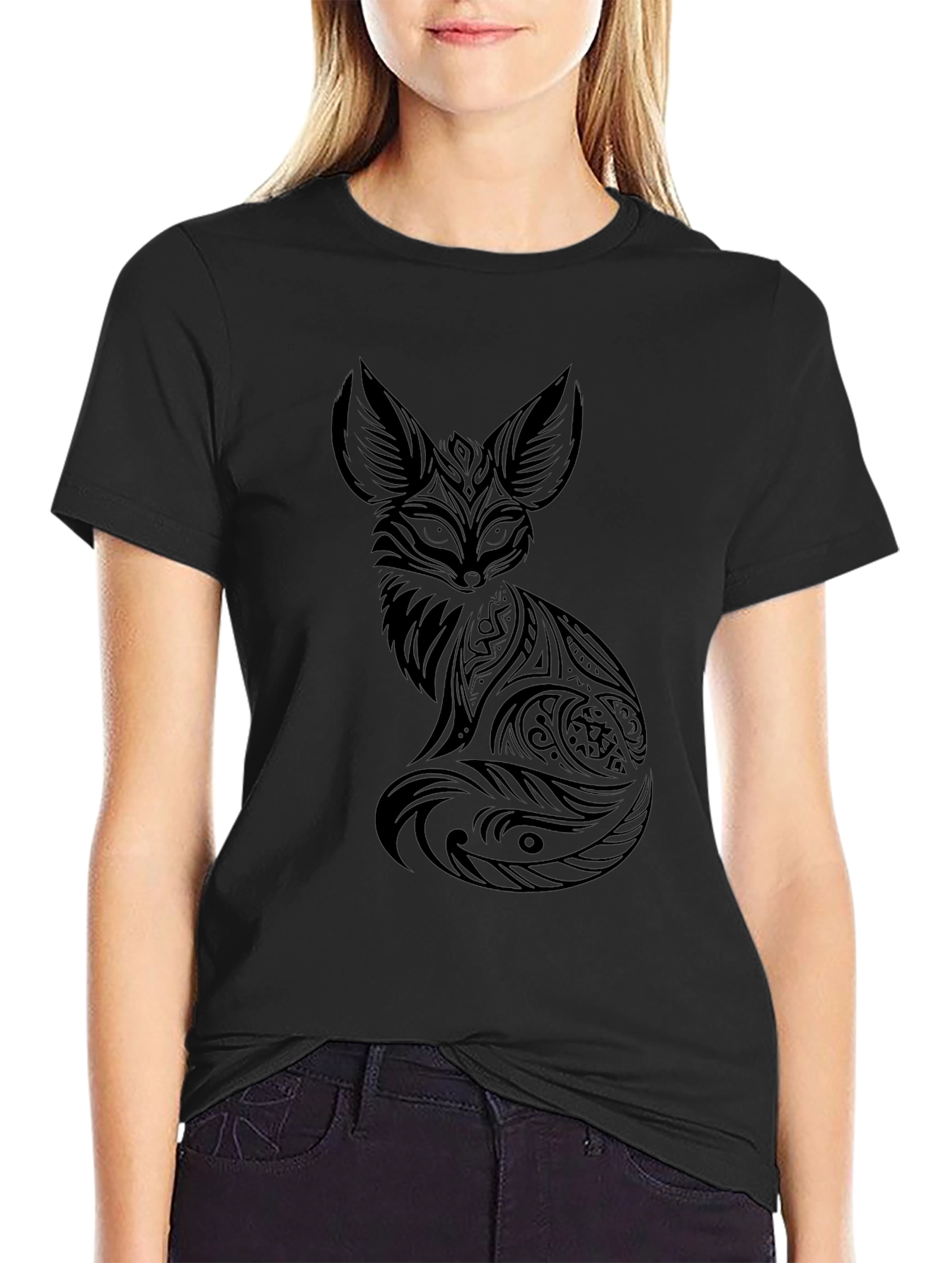 Tribal Fox Graphic Black T-Shirt - Cool Design