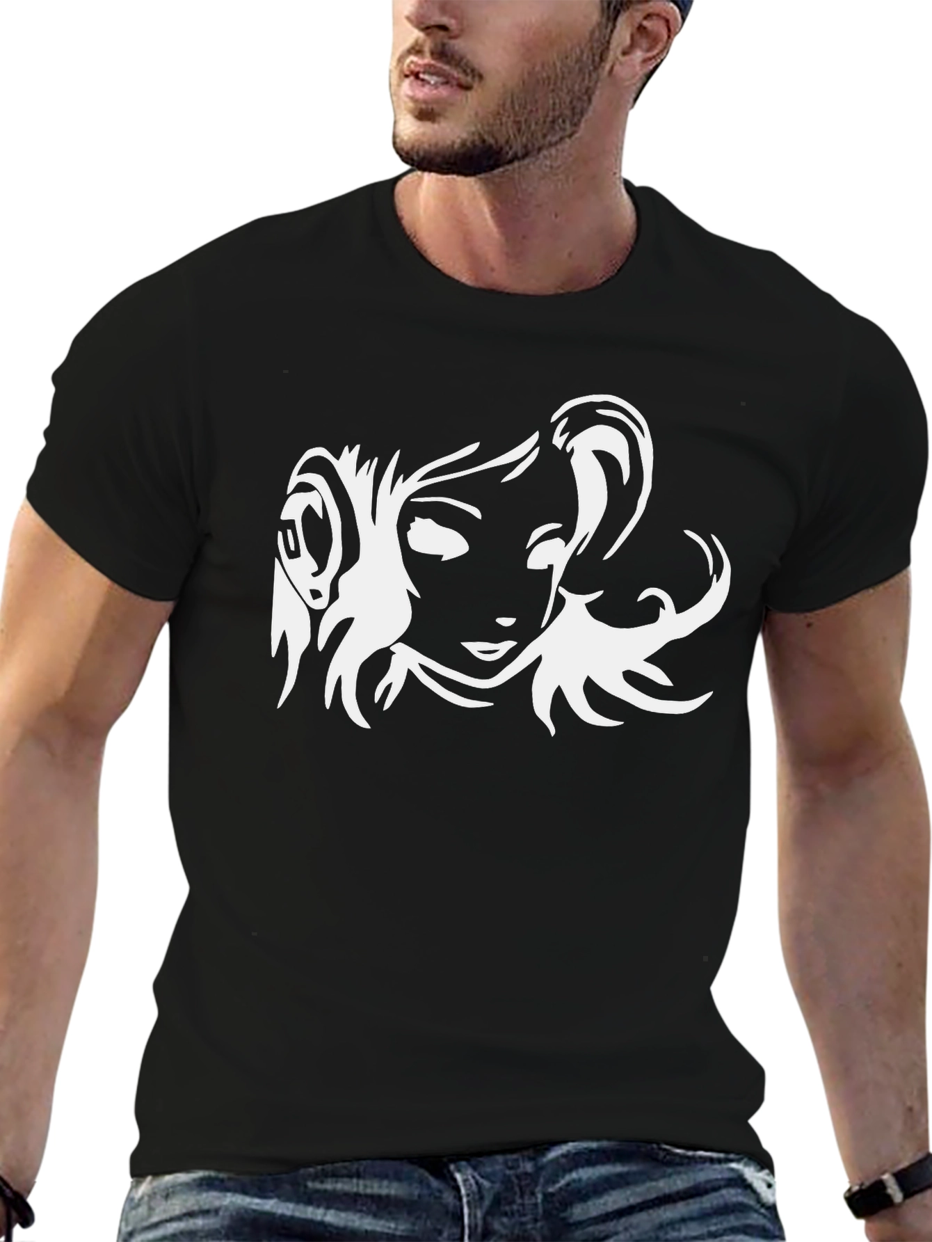 Black T-Shirt with White Anime Girl Graphic