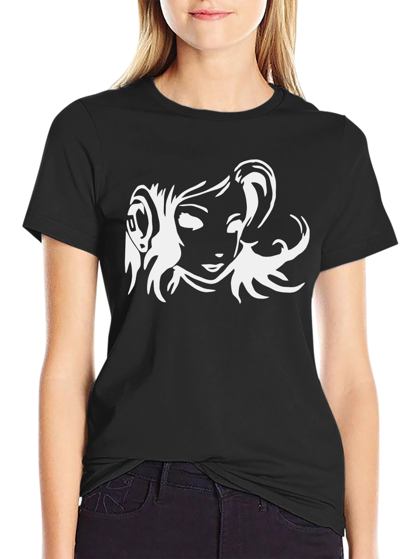 Black T-Shirt with White Anime Girl Graphic