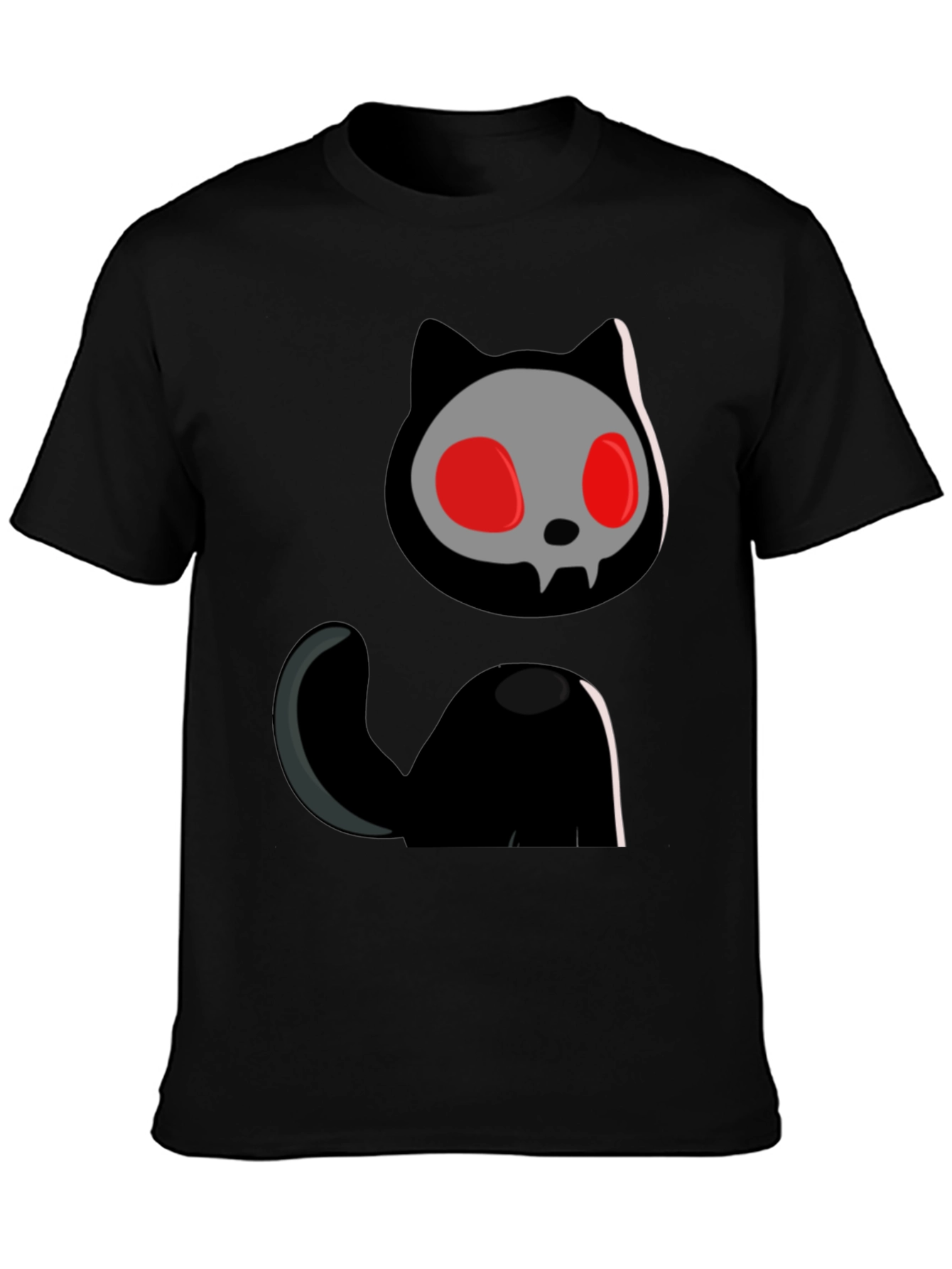 Skull Cat Graphic Tee - Black Cotton T-Shirt