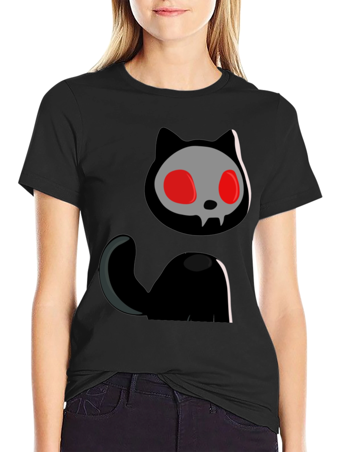 Skull Cat Graphic Tee - Black Cotton T-Shirt
