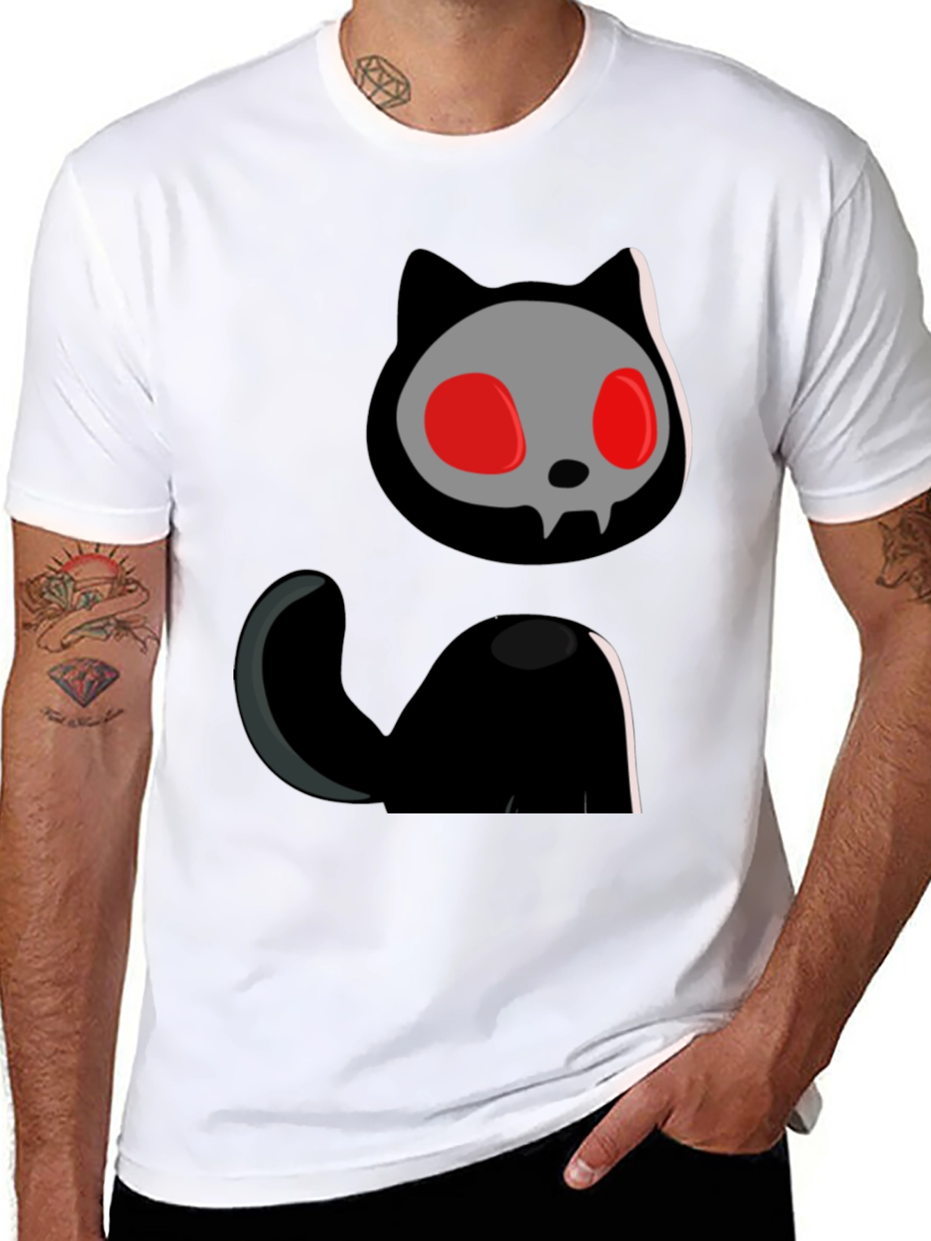 Skull Cat Graphic Tee - Black Cotton T-Shirt