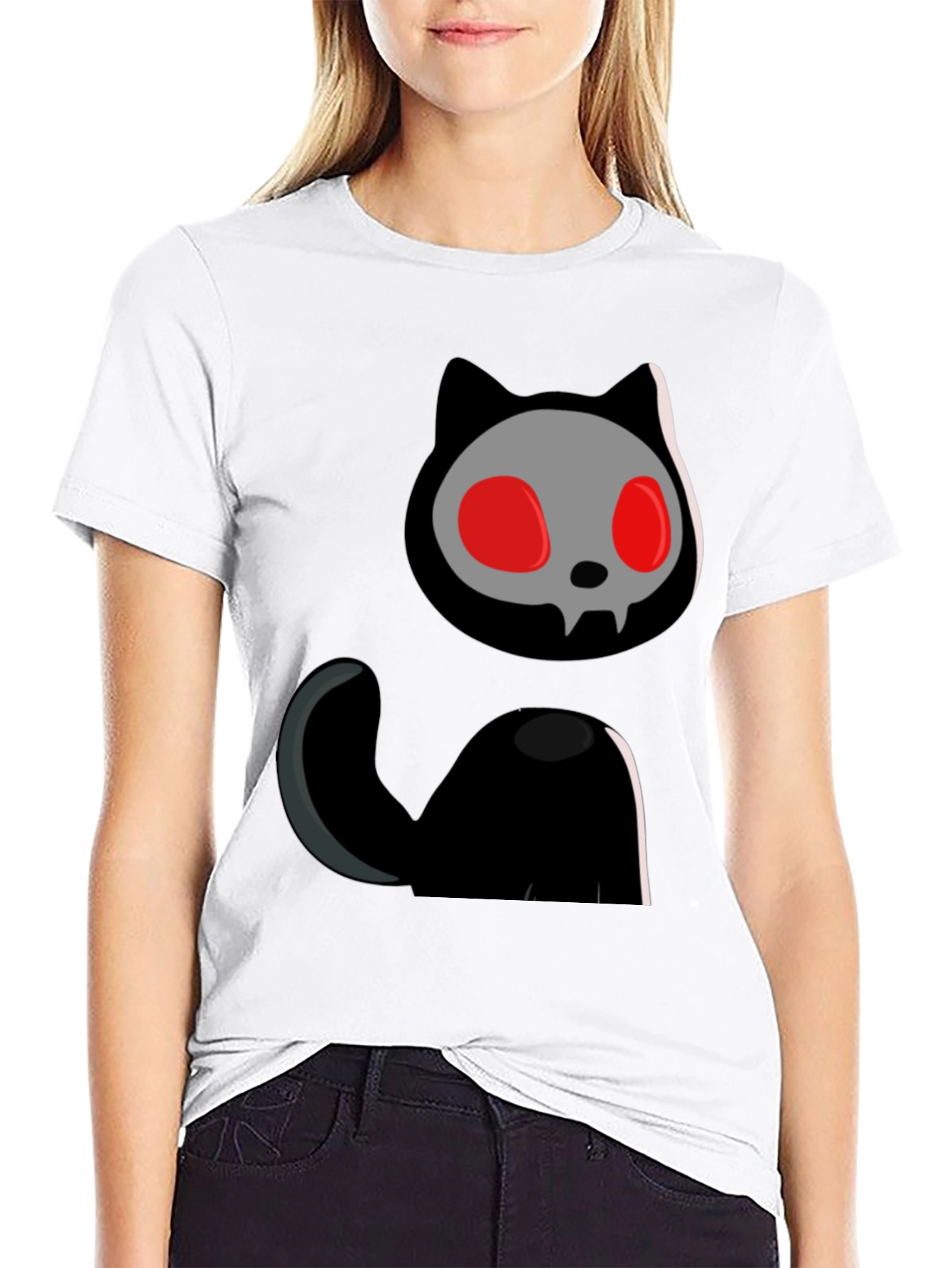 Skull Cat Graphic Tee - Black Cotton T-Shirt
