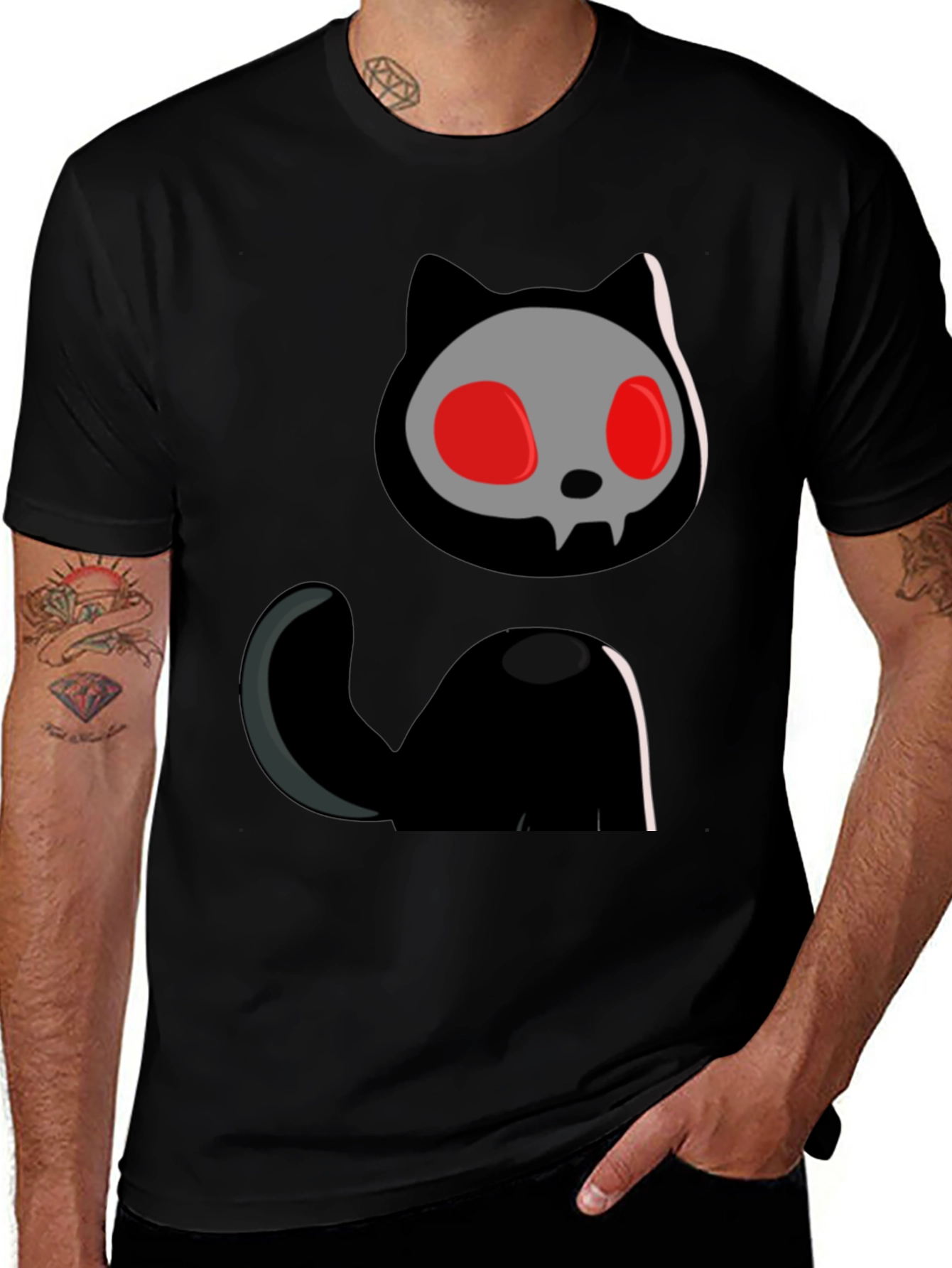 Skull Cat Graphic Tee - Black Cotton T-Shirt
