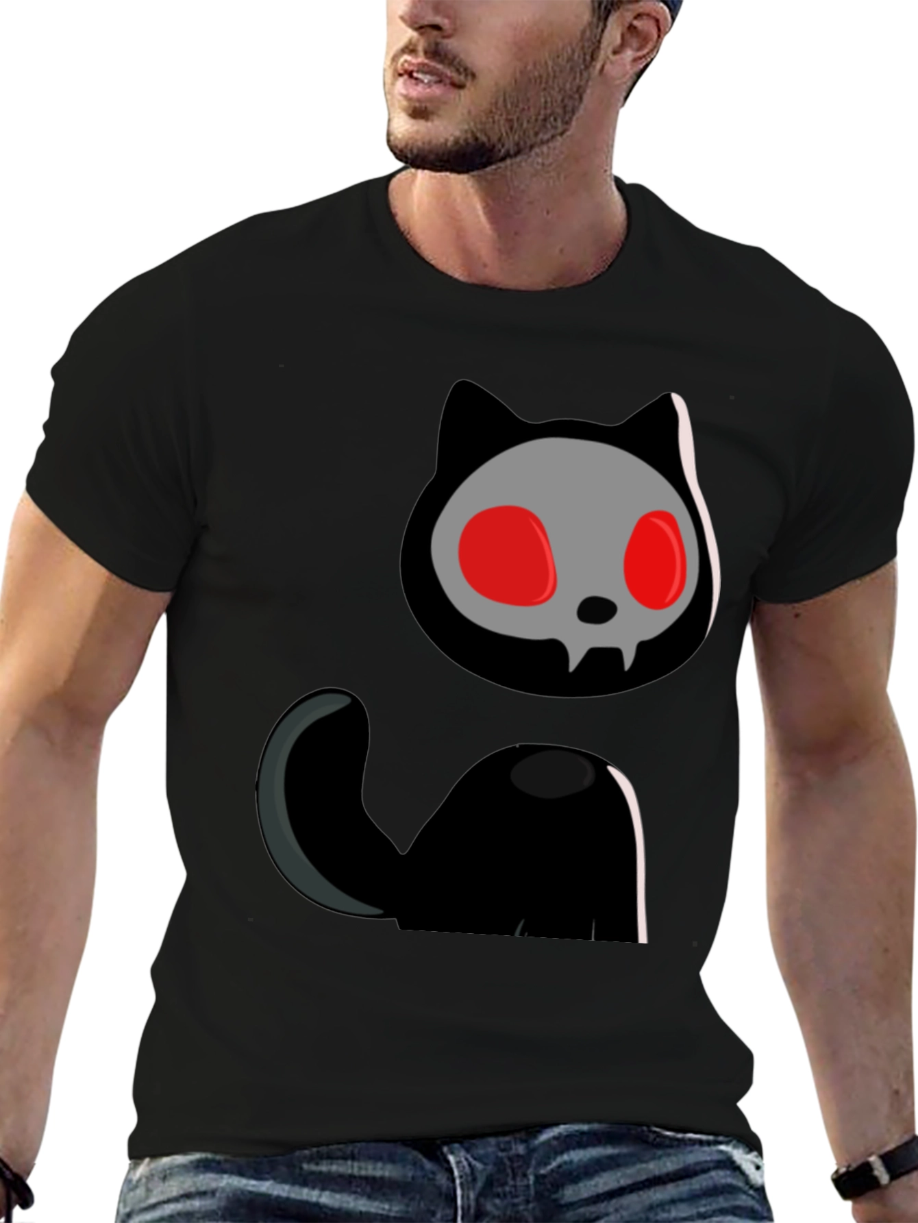 Skull Cat Graphic Tee - Black Cotton T-Shirt