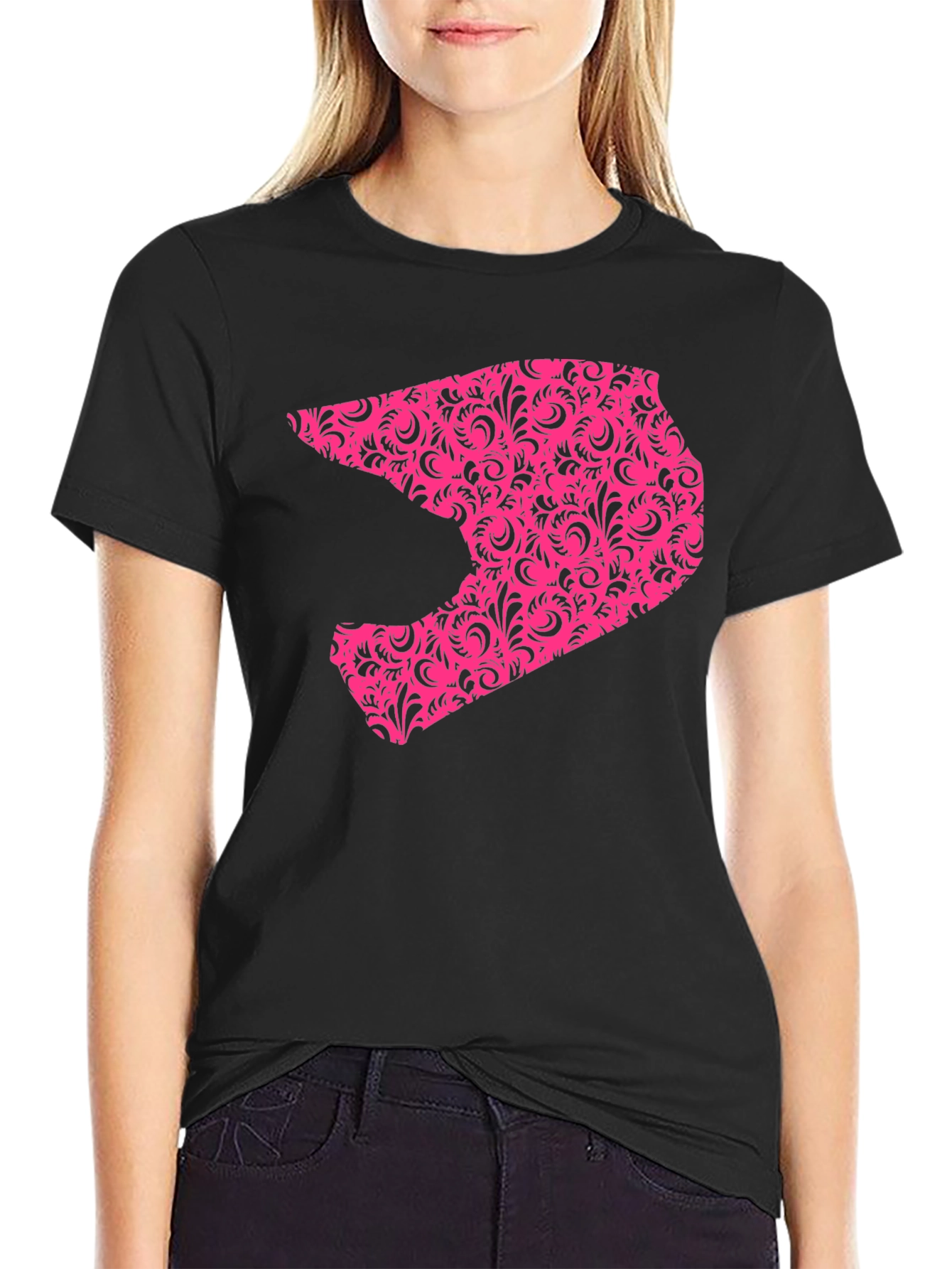 Mens Black T-shirt with Pink Helmet Design