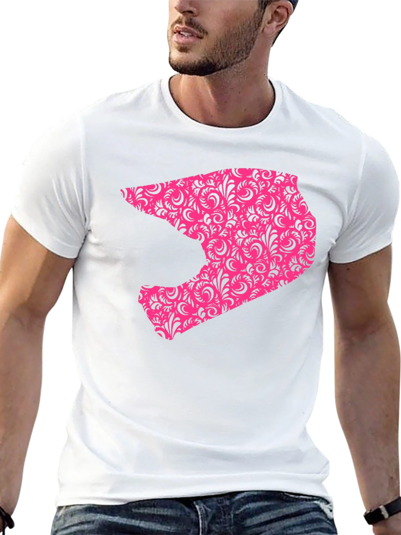 Mens Black T-shirt with Pink Helmet Design