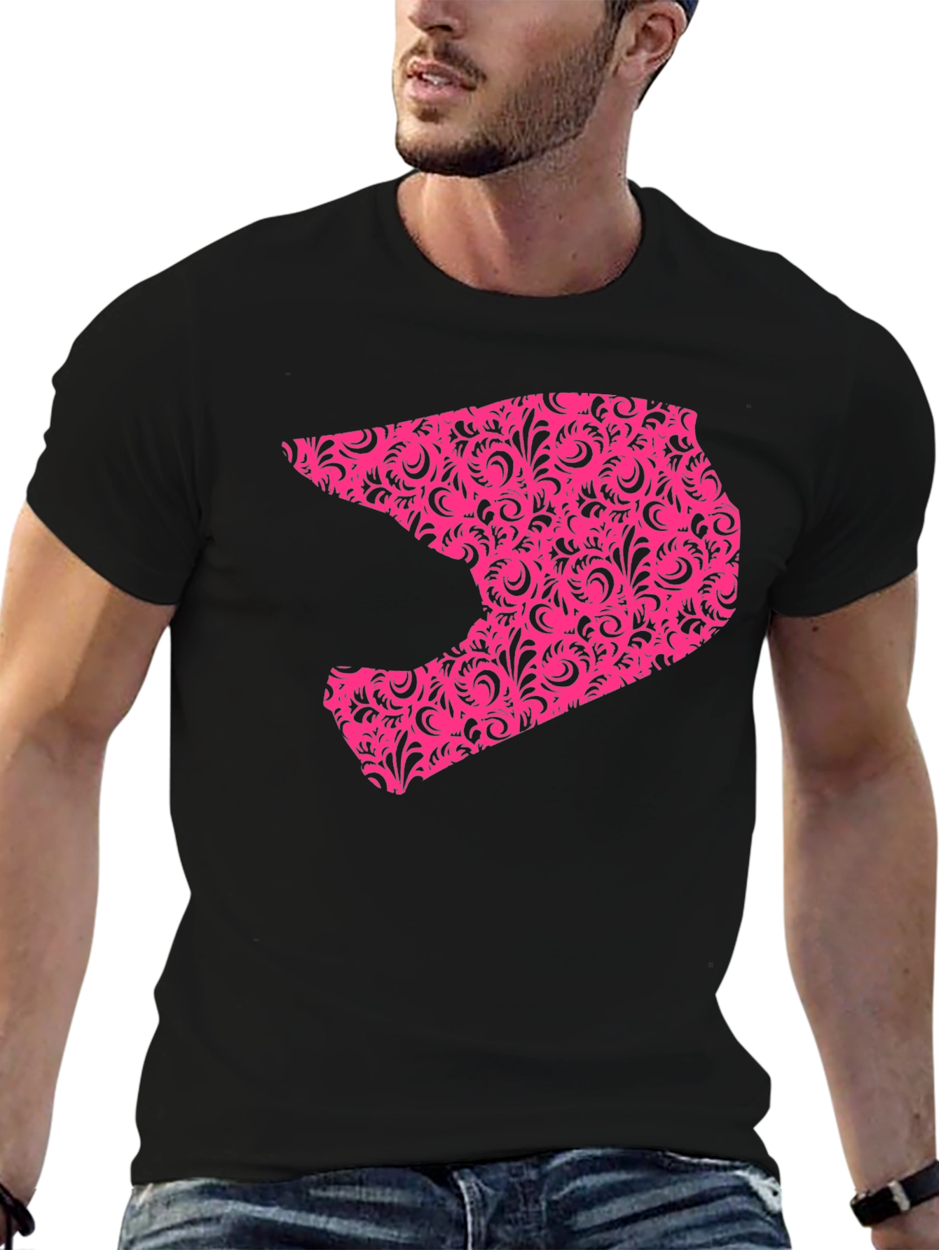 Mens Black T-shirt with Pink Helmet Design