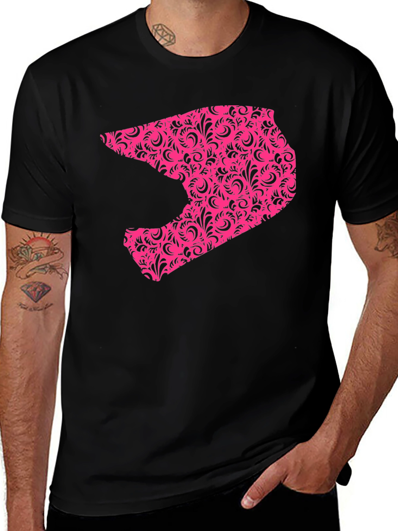 Mens Black T-shirt with Pink Helmet Design