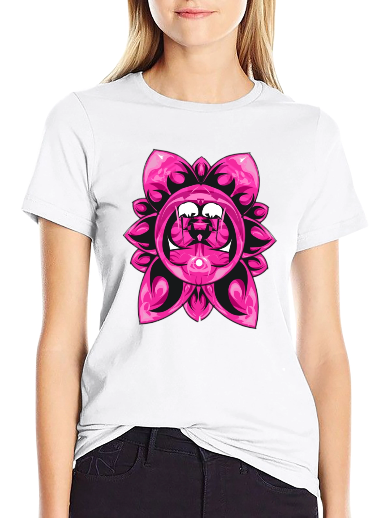 Pink Floral Graphic Black T-Shirt