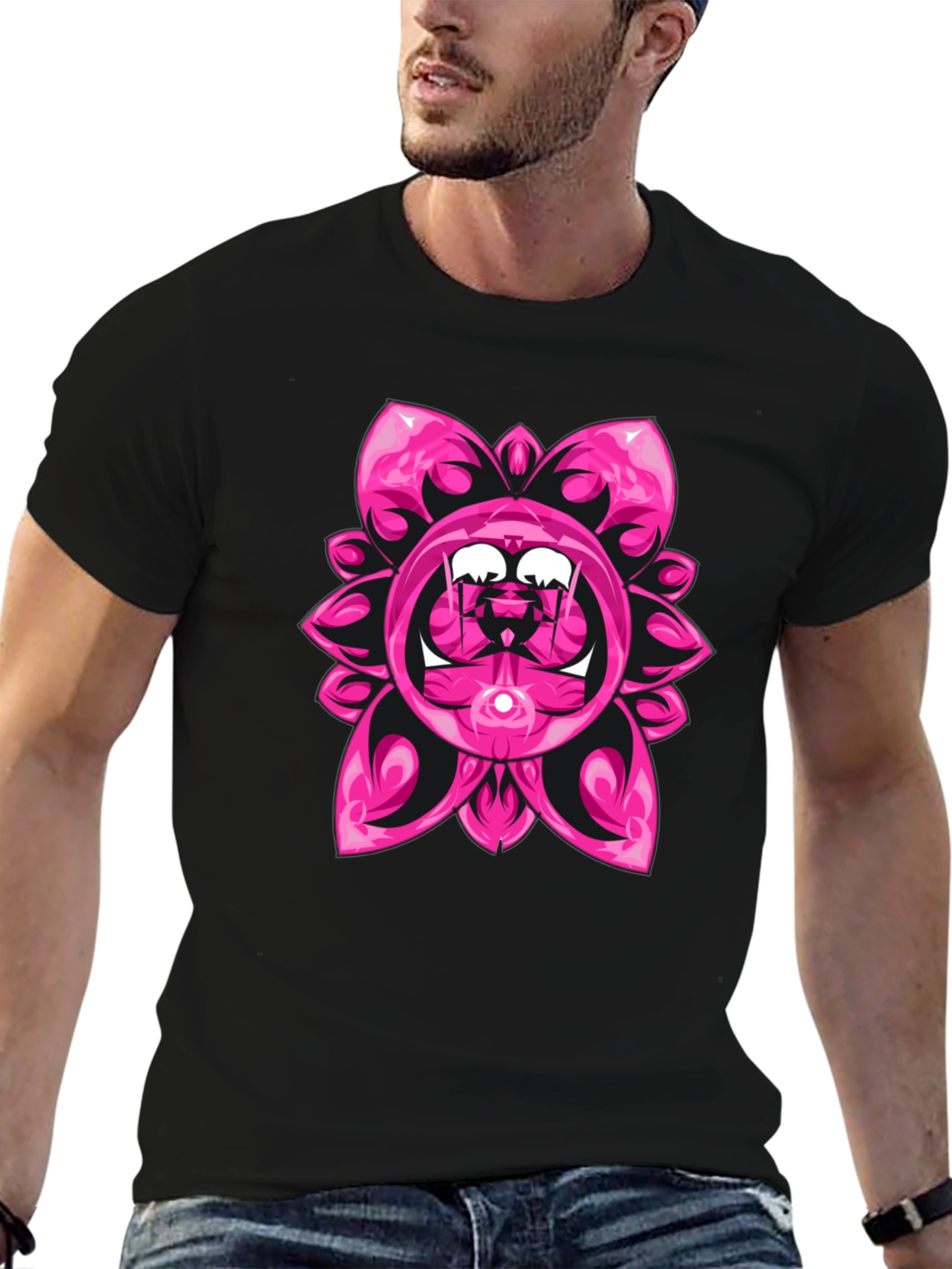 Pink Floral Graphic Black T-Shirt
