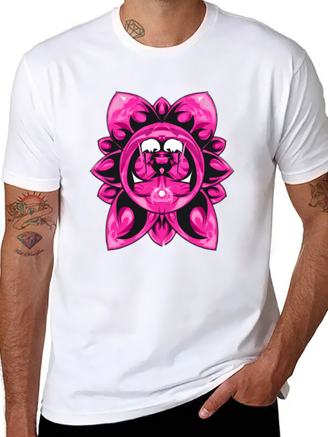 Pink Floral Graphic Black T-Shirt