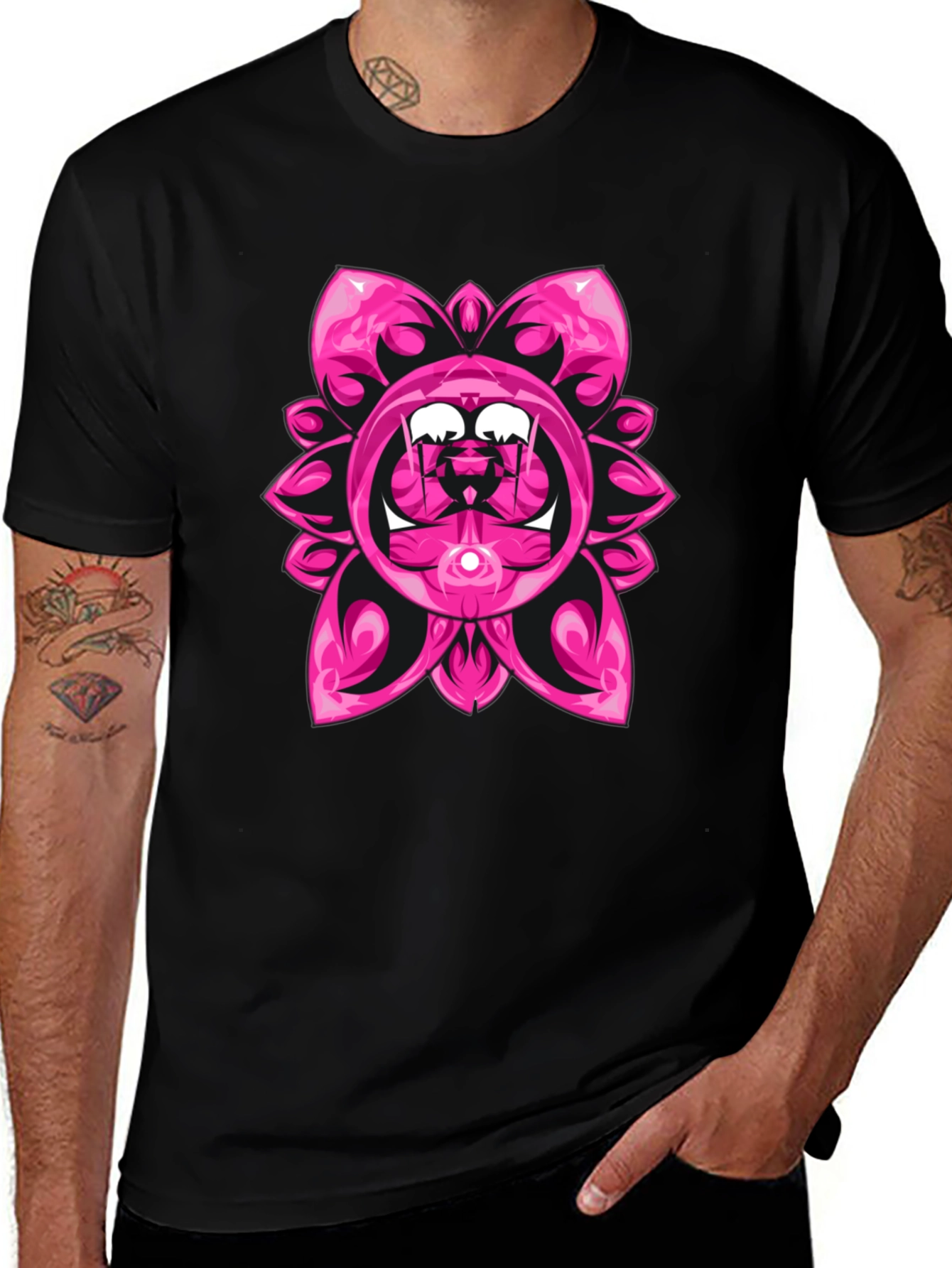 Pink Floral Graphic Black T-Shirt