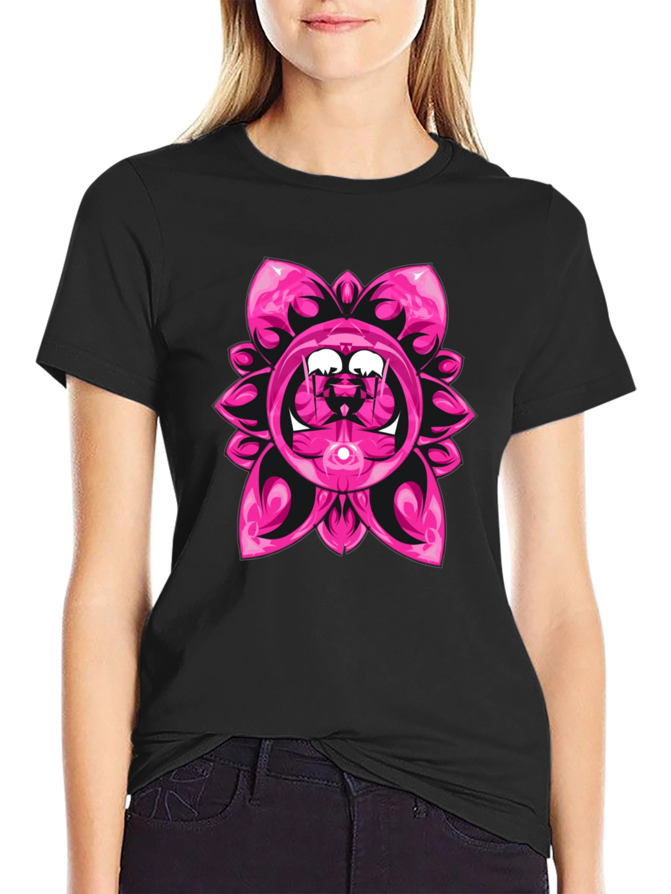 Pink Floral Graphic Black T-Shirt