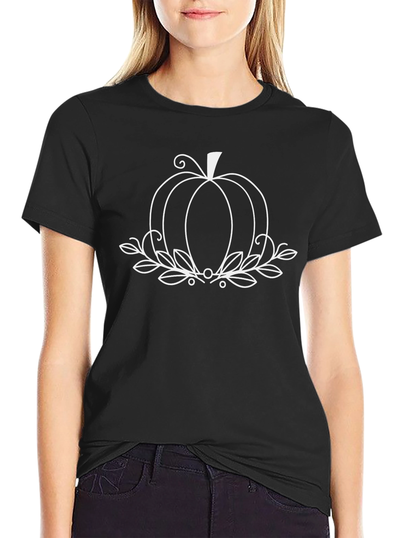 Pumpkin & Leaves Graphic Black T-Shirt