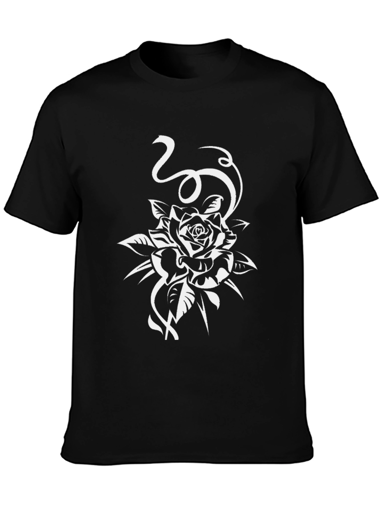 Black T-Shirt with White Rose Design