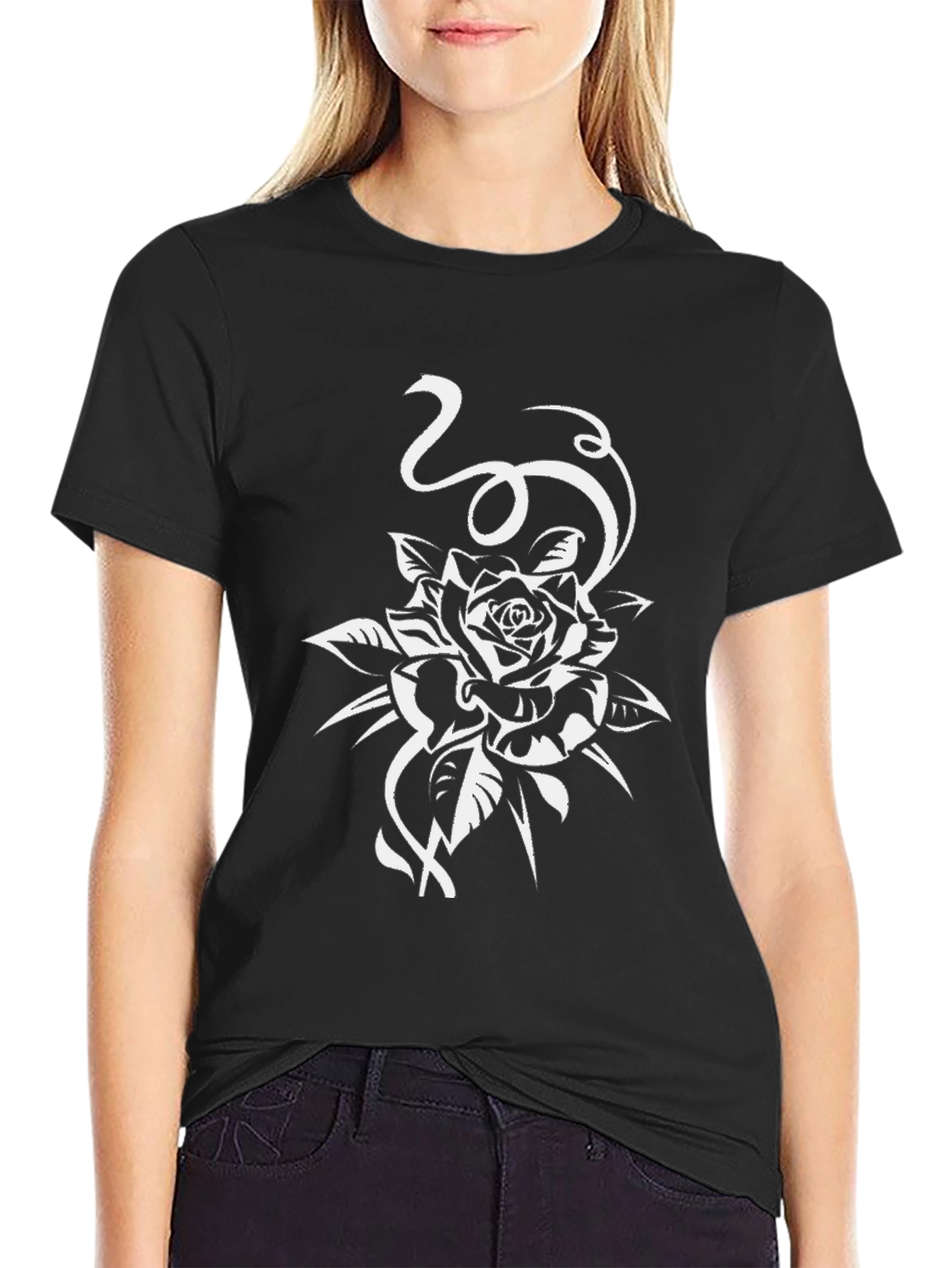 Black T-Shirt with White Rose Design