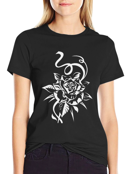 Black T-Shirt with White Rose Design