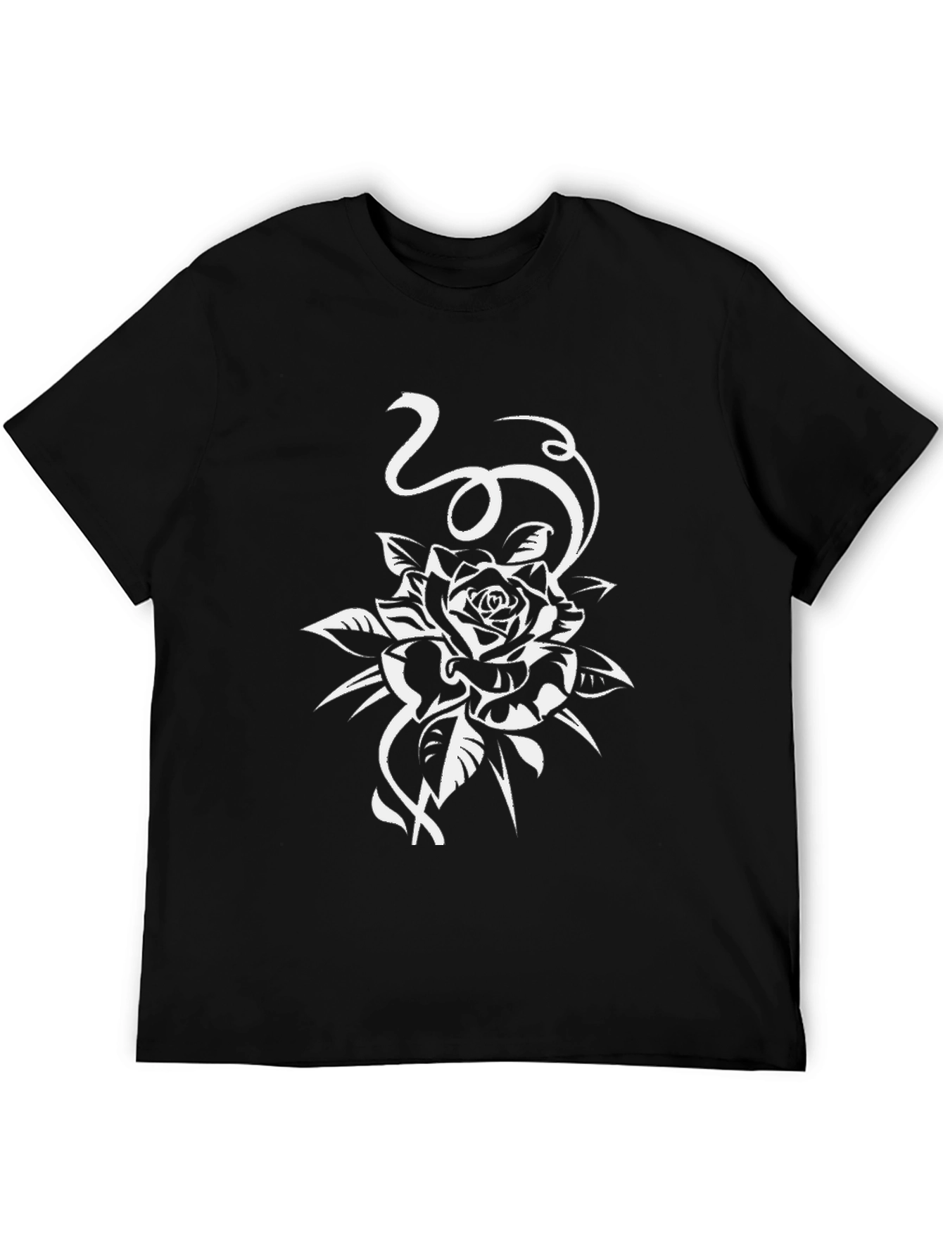 Black T-Shirt with White Rose Design