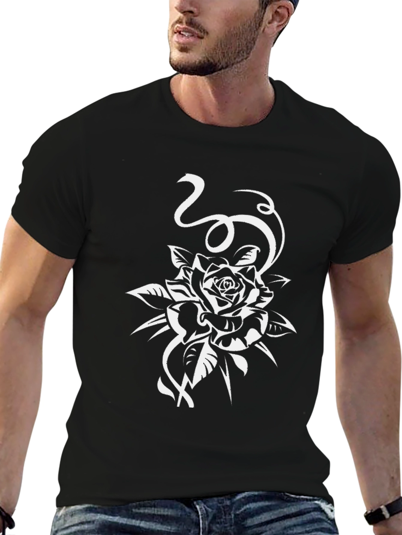 Black T-Shirt with White Rose Design