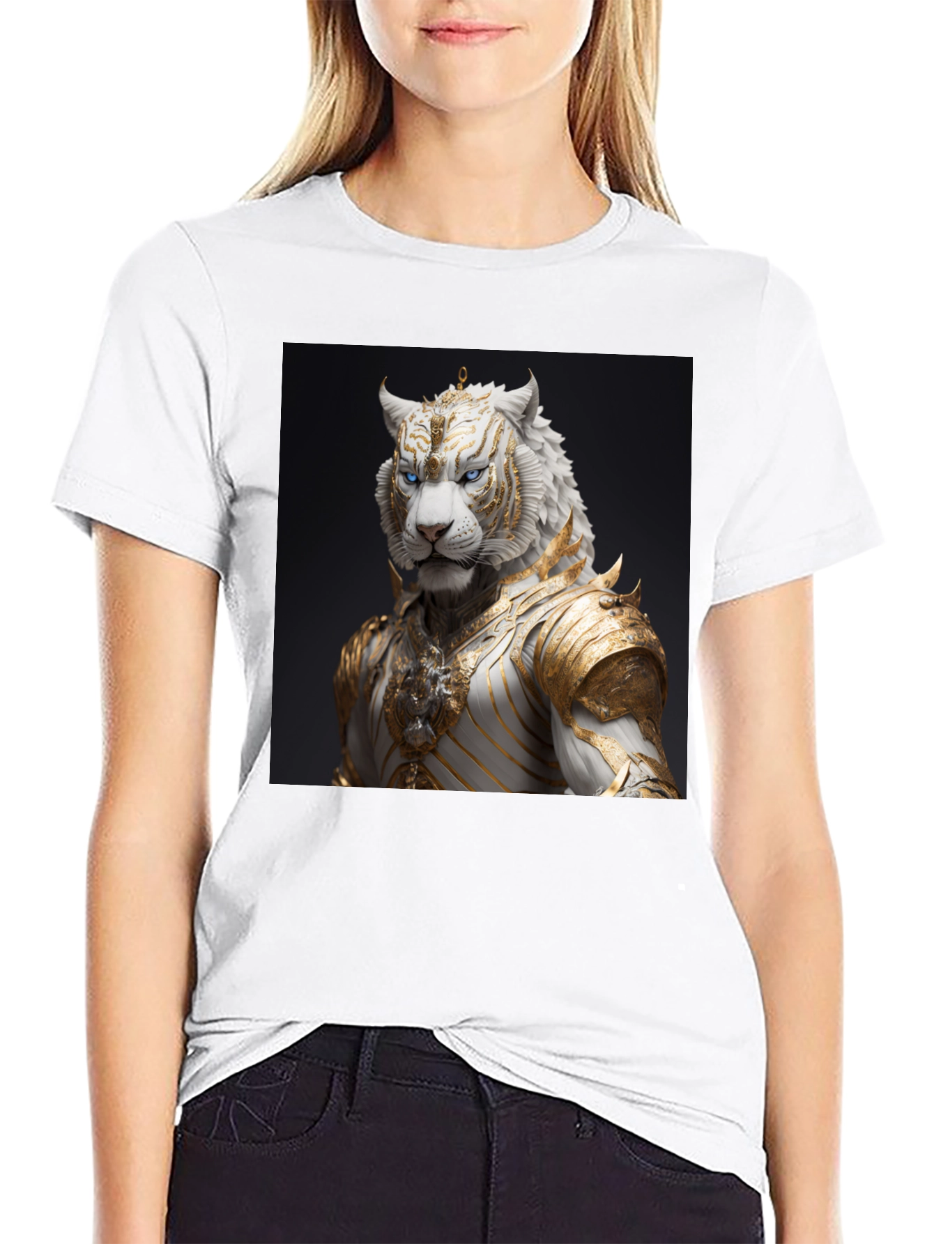 Black T-Shirt with Regal White Tiger Graphic