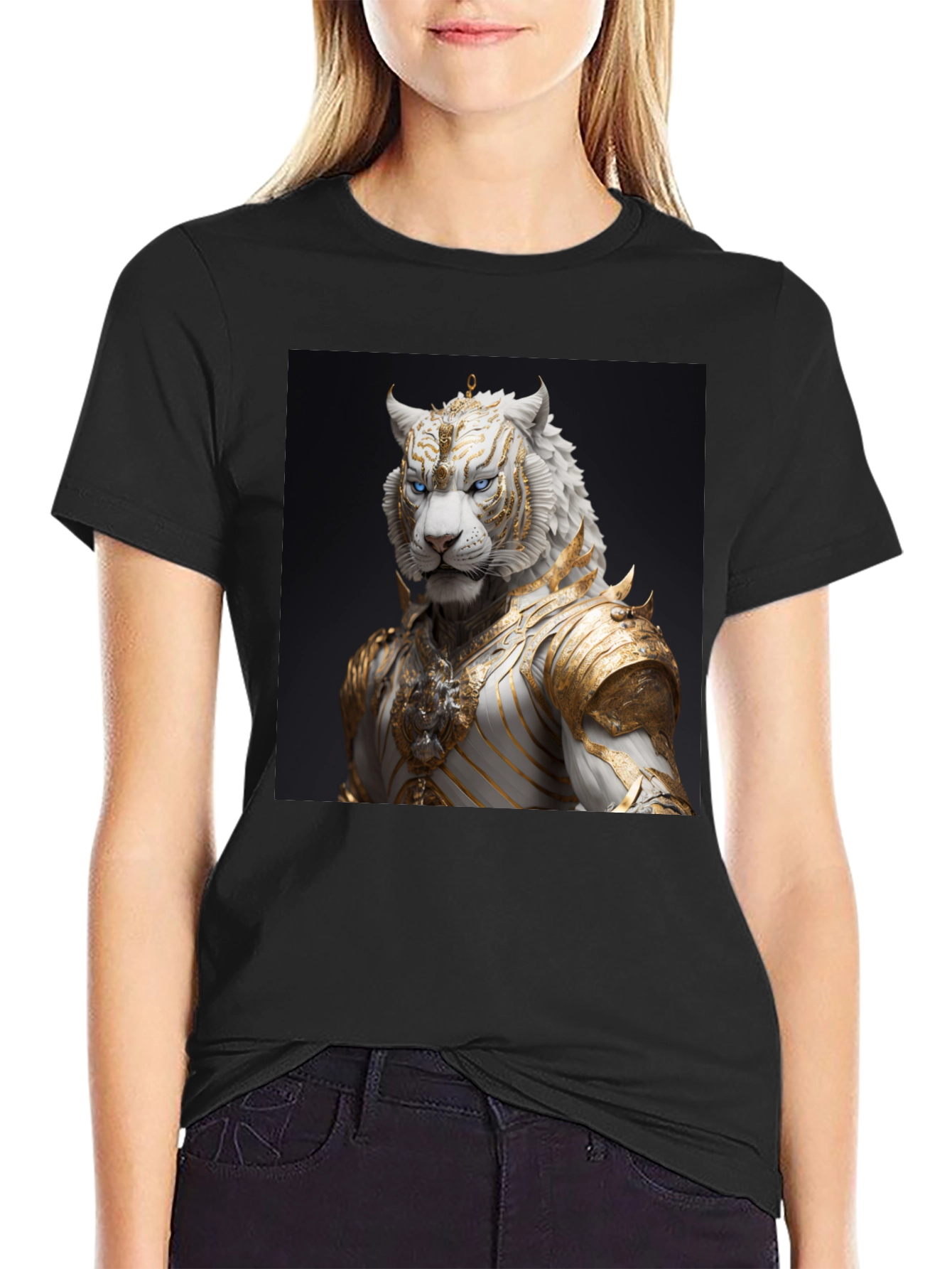 Black T-Shirt with Regal White Tiger Graphic