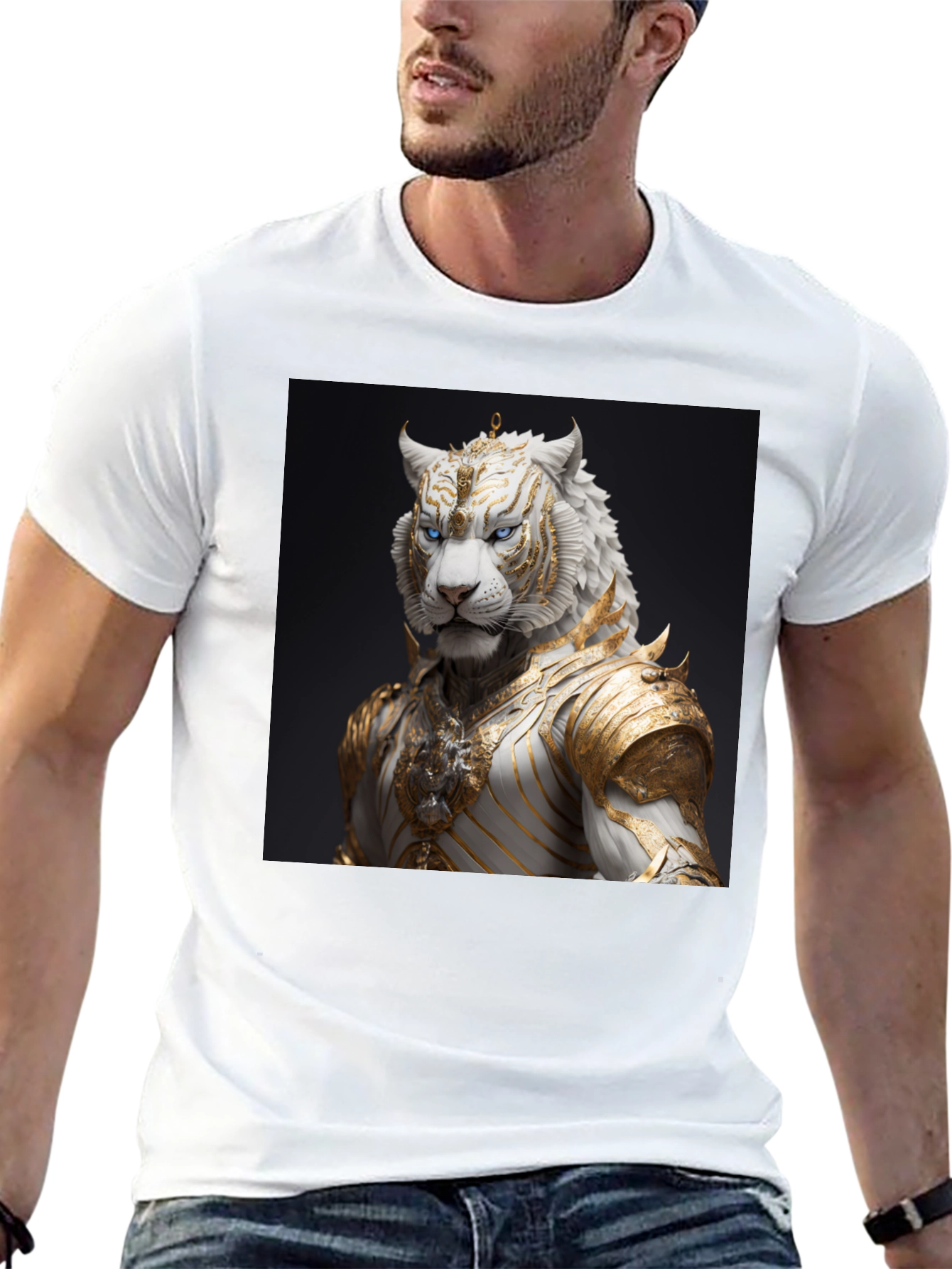 Black T-Shirt with Regal White Tiger Graphic