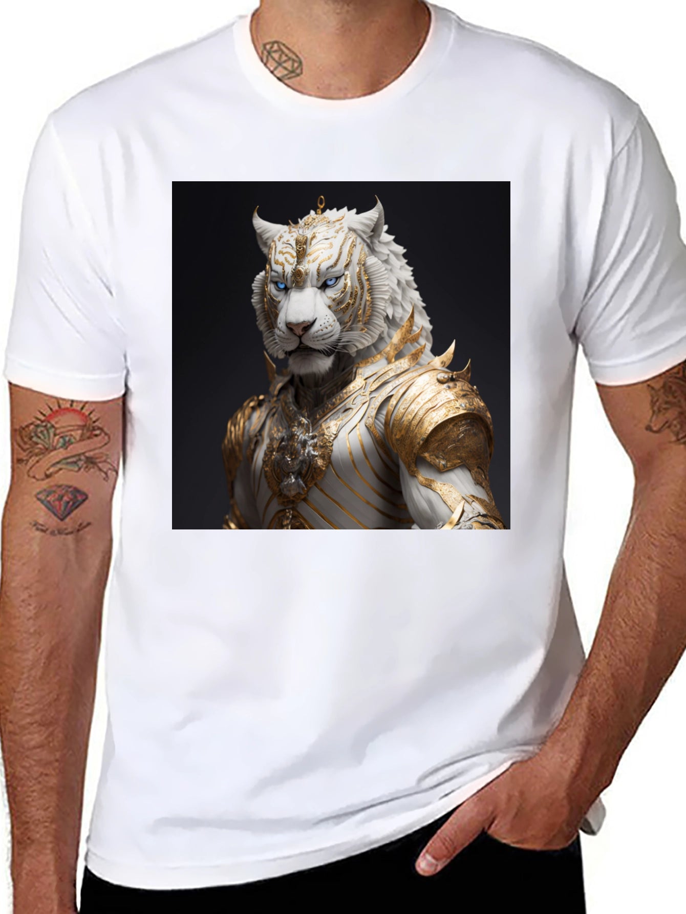 Black T-Shirt with Regal White Tiger Graphic