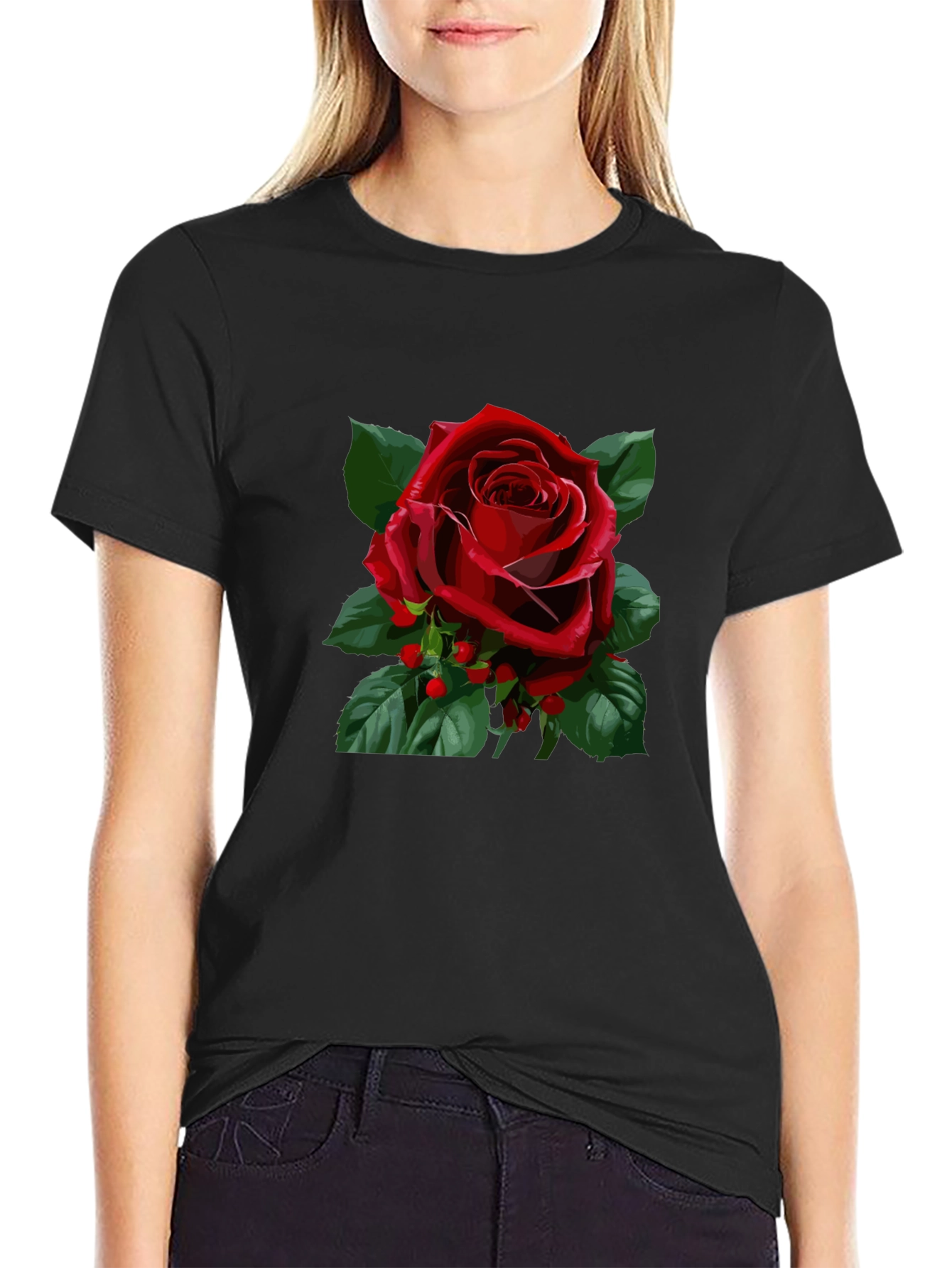 Red Rose Graphic Black T-Shirt
