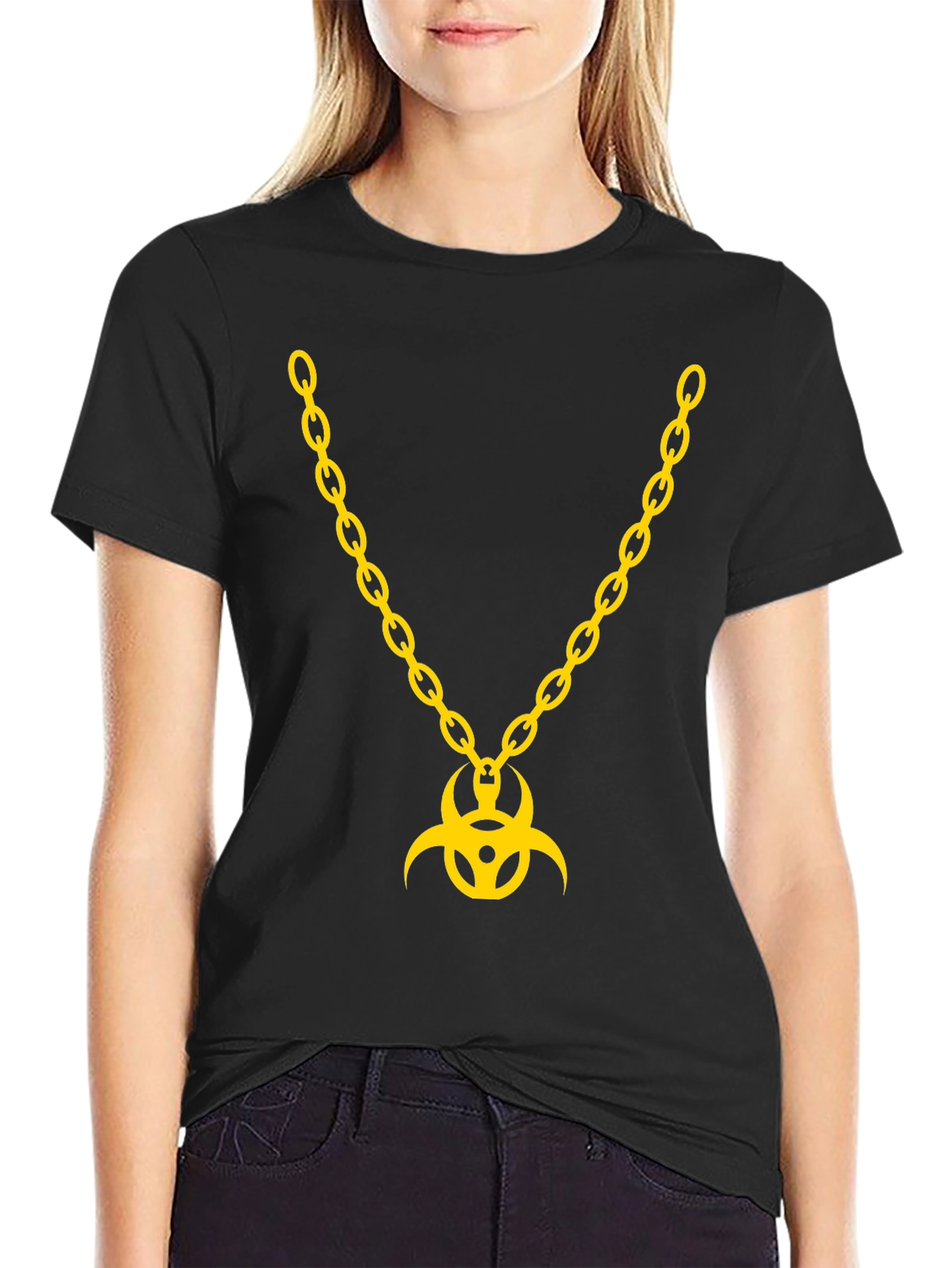 Biohazard Symbol Gold Chain Graphic T-Shirt