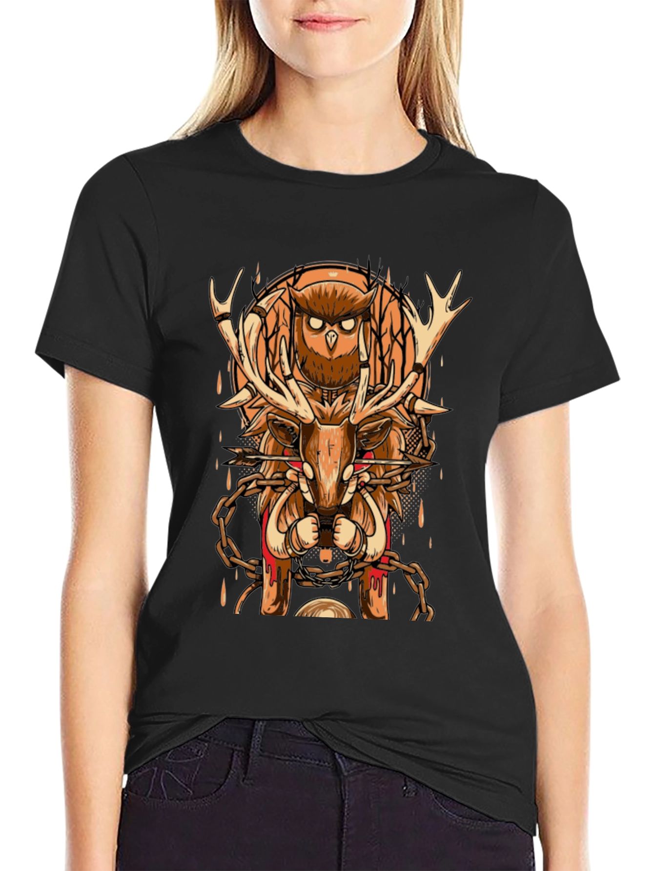 Owl & Deer Graphic Tee - Black Cotton Blend