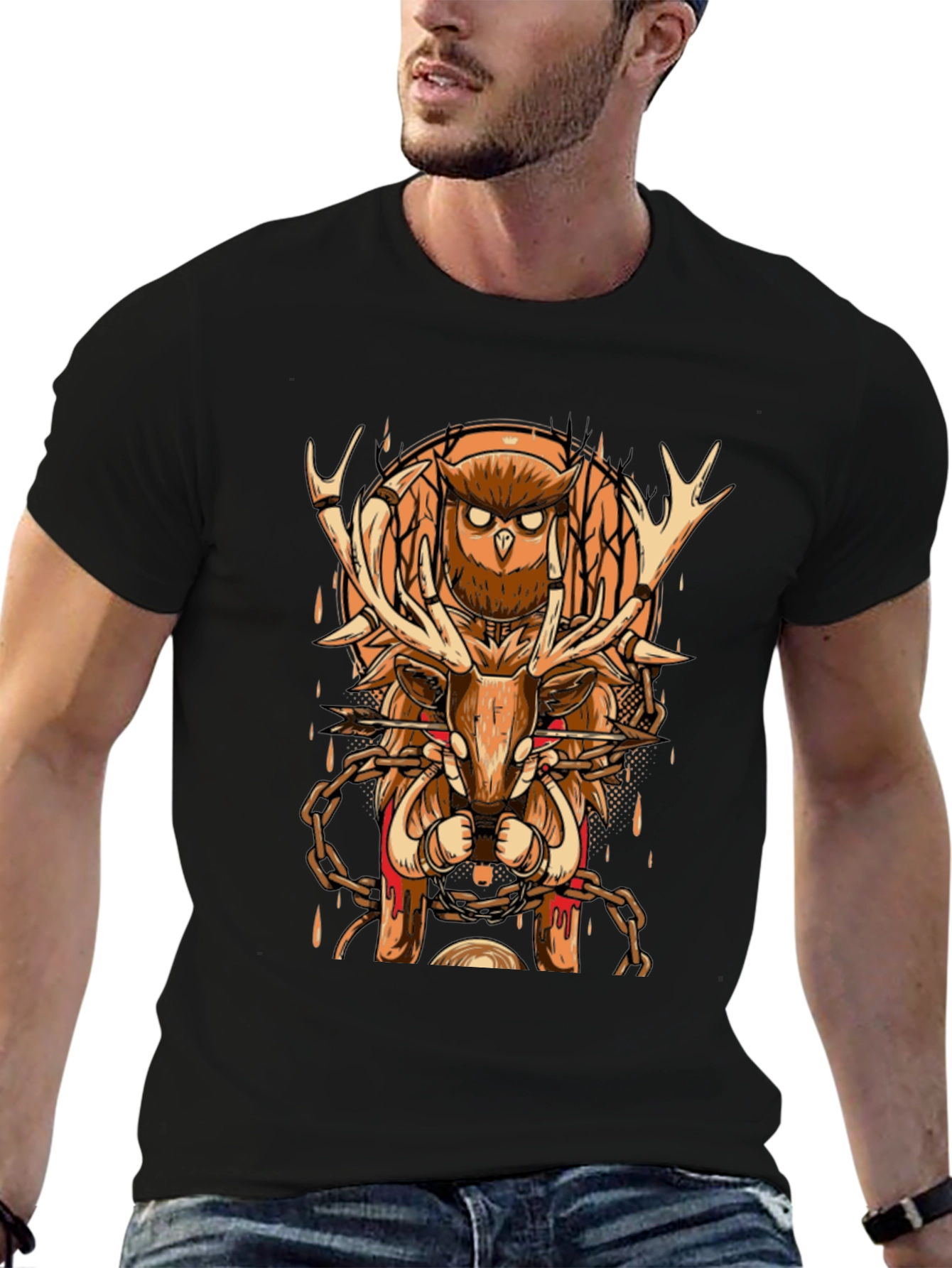 Owl & Deer Graphic Tee - Black Cotton Blend