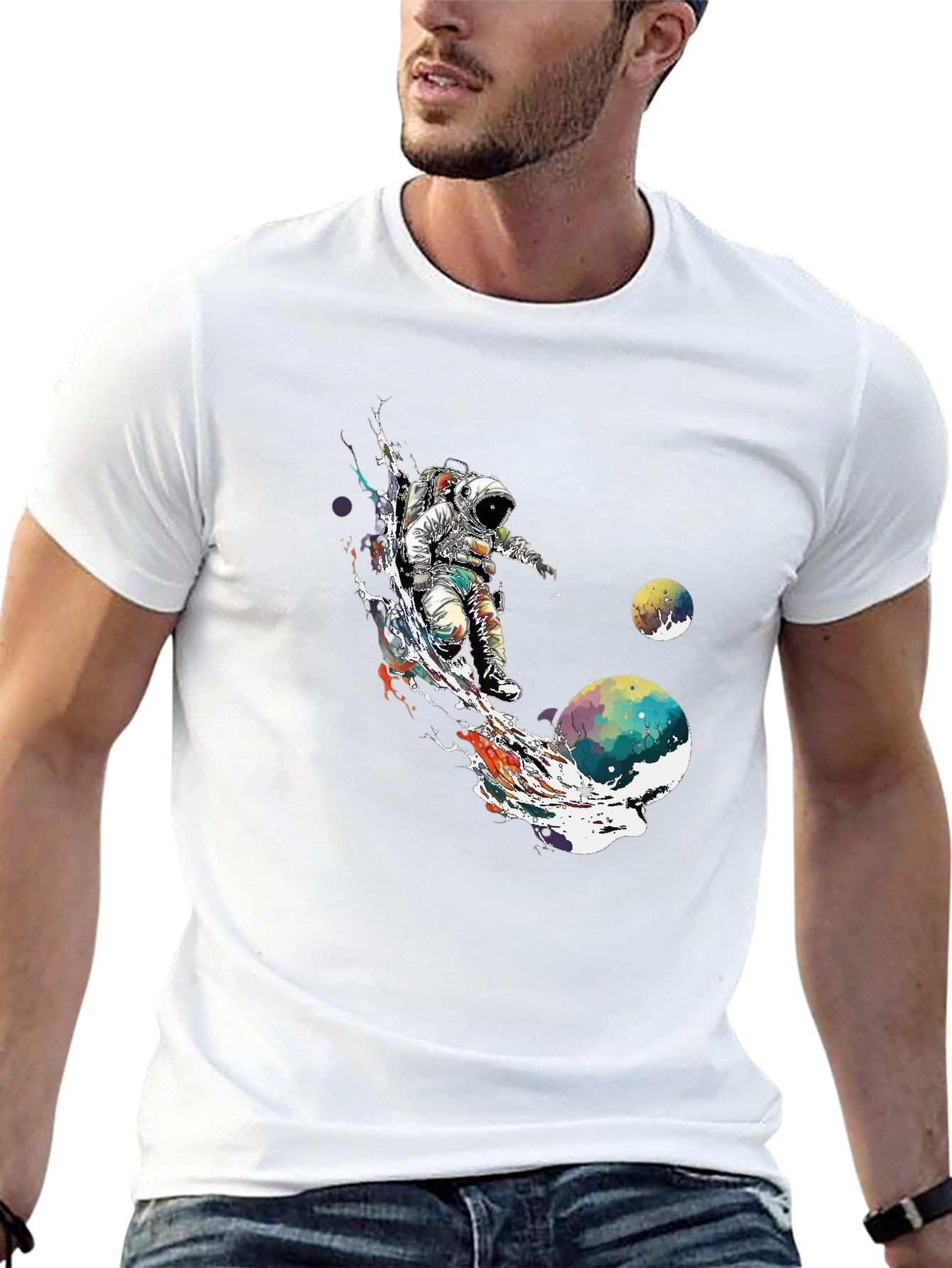 Astronaut Space Art T-Shirt - Black Crew Neck