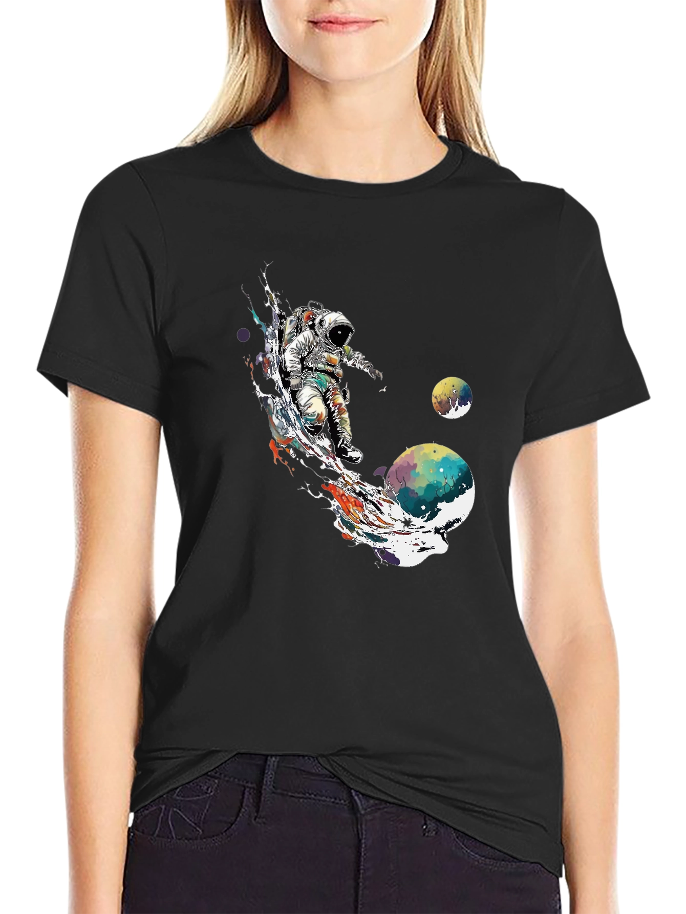 Astronaut Space Art T-Shirt - Black Crew Neck