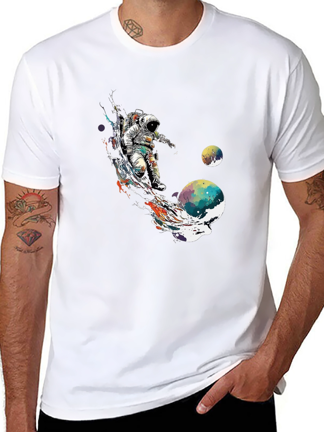 Astronaut Space Art T-Shirt - Black Crew Neck