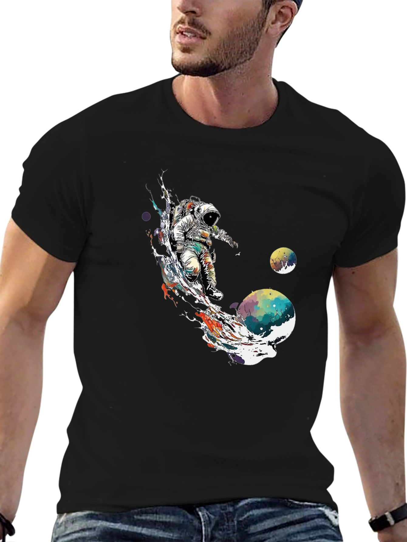 Astronaut Space Art T-Shirt - Black Crew Neck