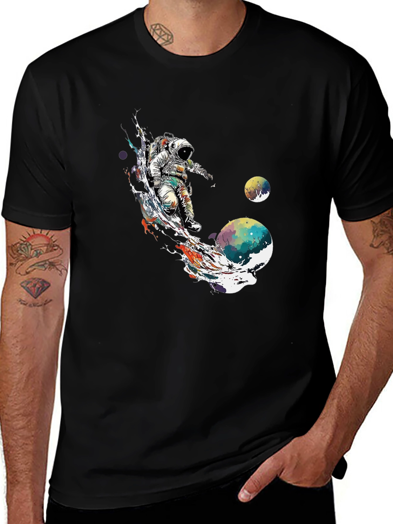 Astronaut Space Art T-Shirt - Black Crew Neck