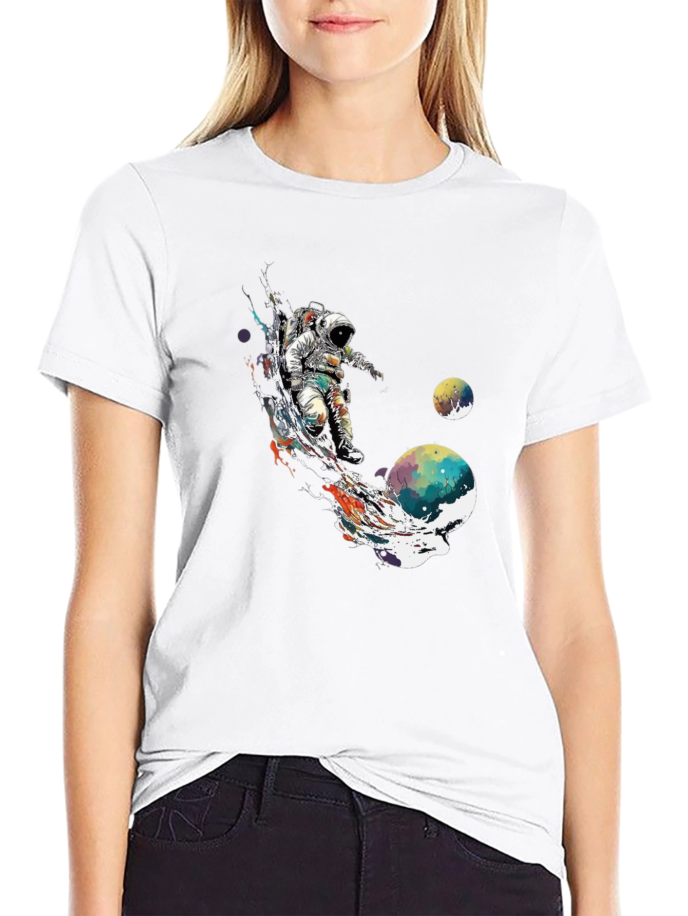 Astronaut Space Art T-Shirt - Black Crew Neck