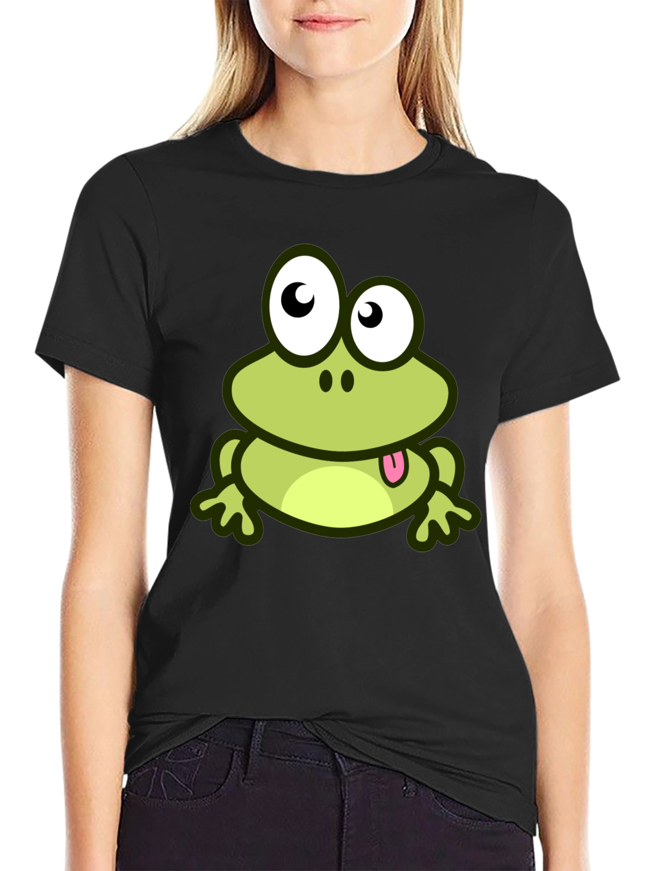 Cute Frog Cartoon Graphic T-Shirt - Black