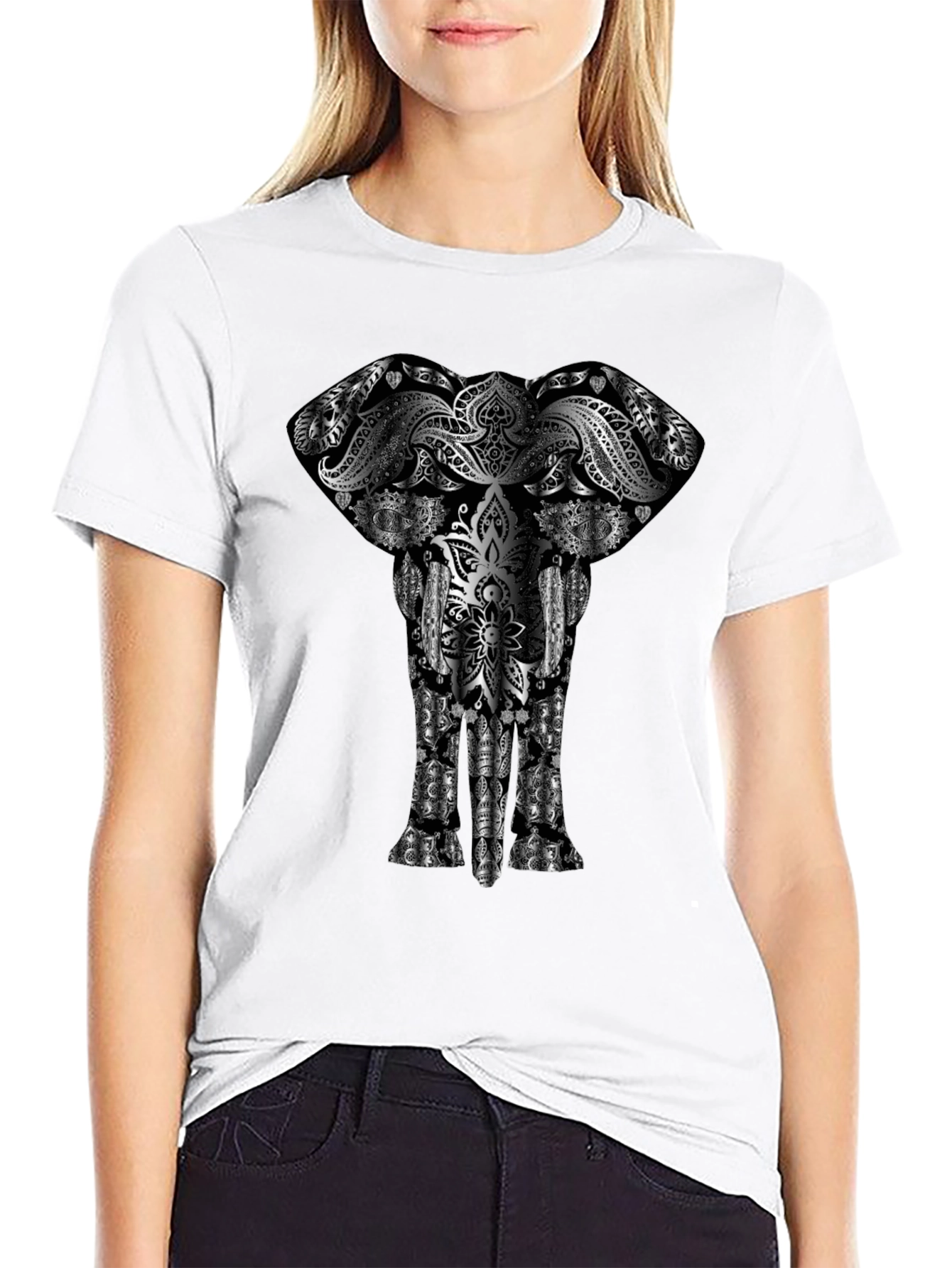 Elephant Mandala Graphic Print Black T-Shirt