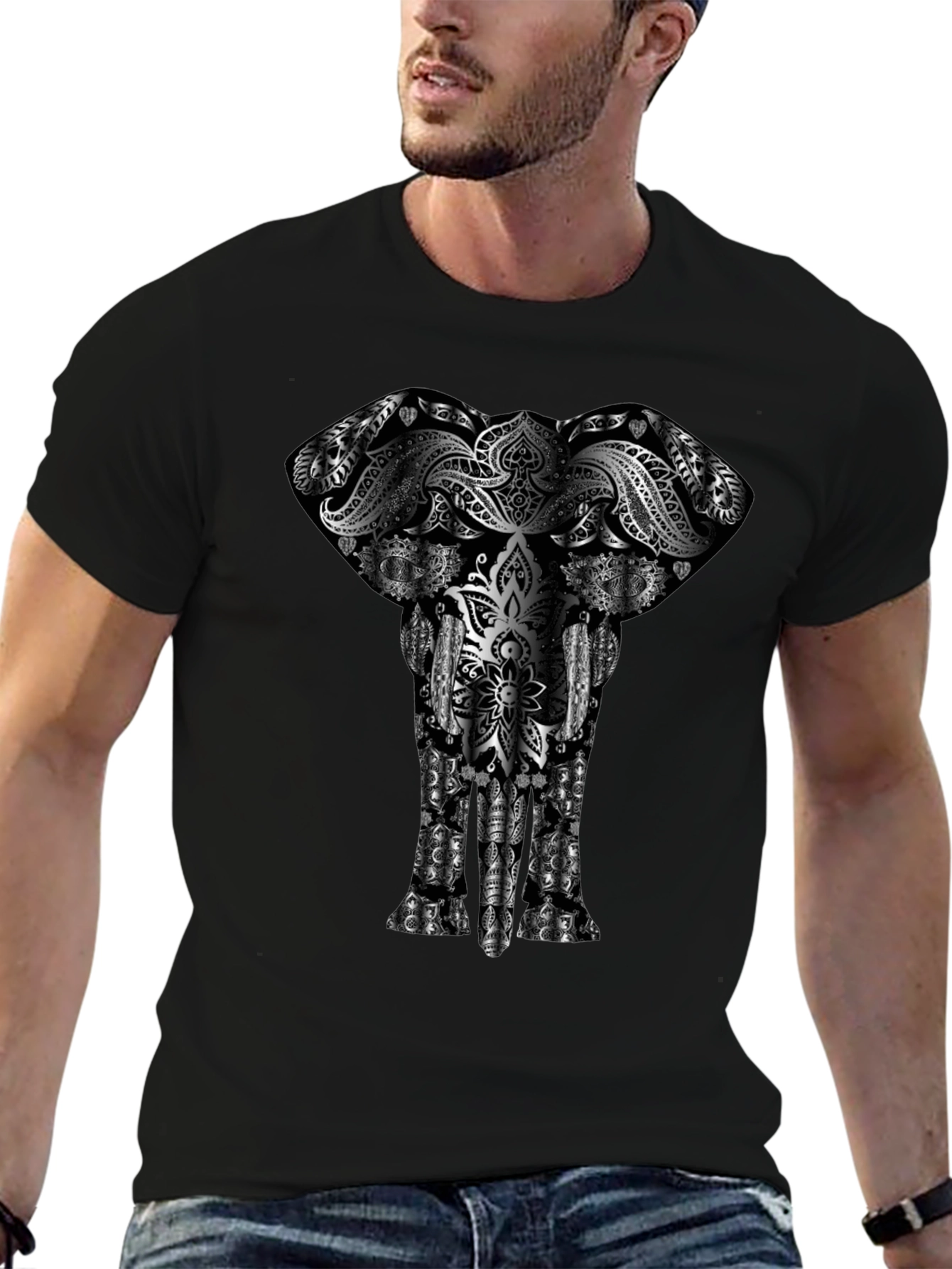 Elephant Mandala Graphic Print Black T-Shirt