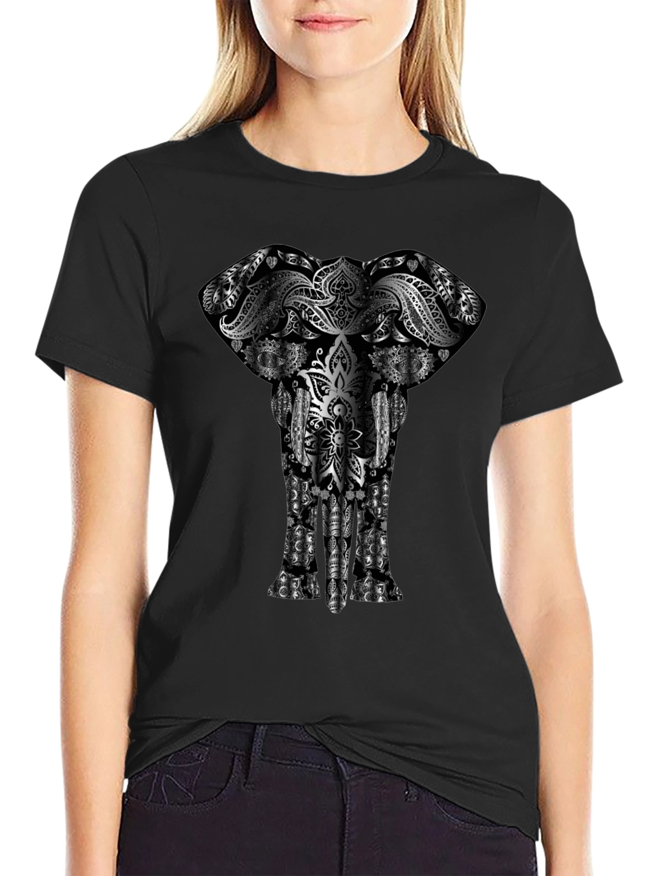 Elephant Mandala Graphic Print Black T-Shirt