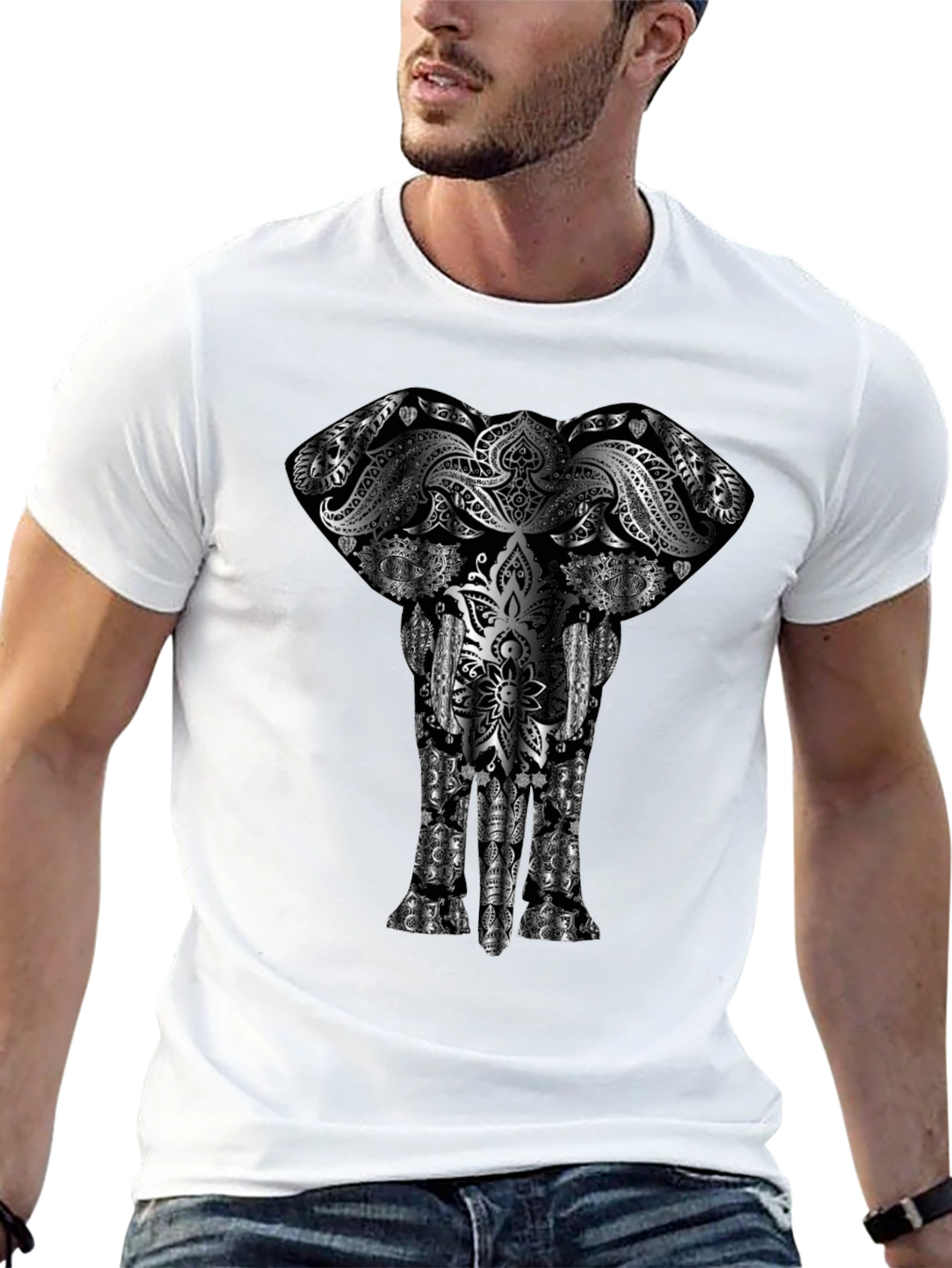 Elephant Mandala Graphic Print Black T-Shirt